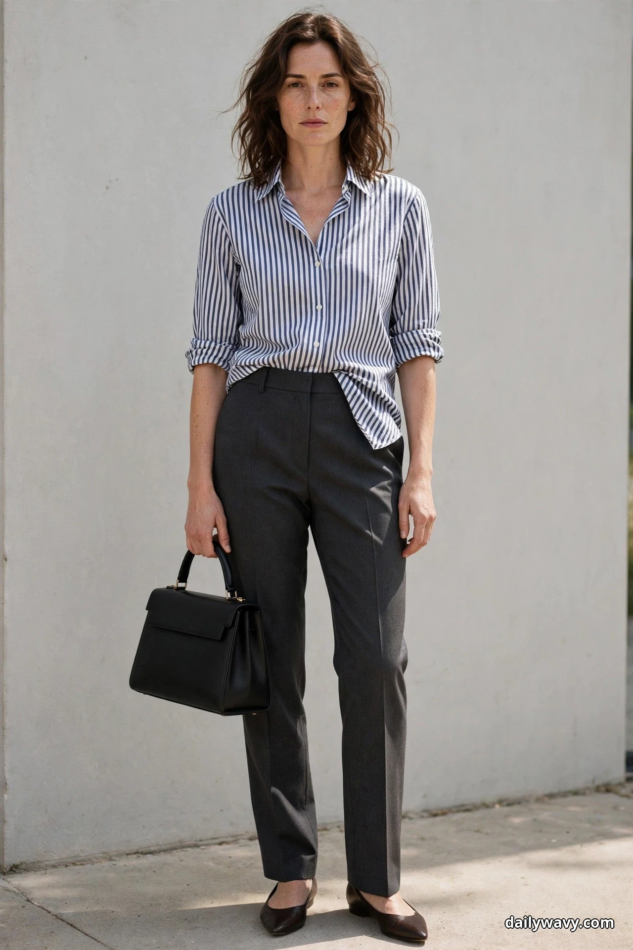 A woman stands full length against a plain wall wearing a navy-and-white striped button shirt half-tucked into charcoal tailored trousers, holding a black structured top-handle bag in one hand, with dark brown pointed flats