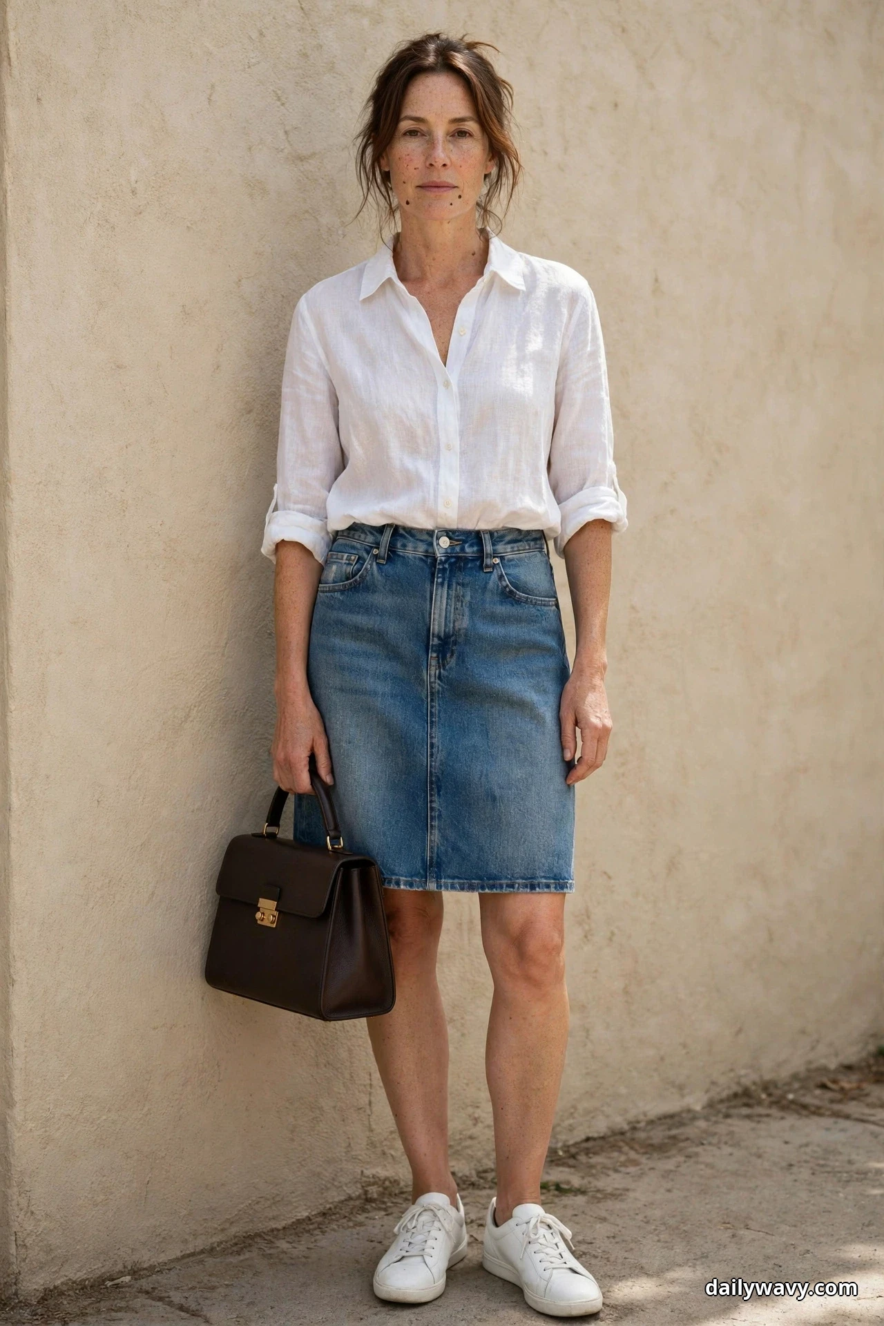 A woman stands full length against a textured beige wall wearing a white linen shirt tucked into a medium-wash denim knee skirt, holding a dark brown structured top-handle bag, with white low-top sneakers