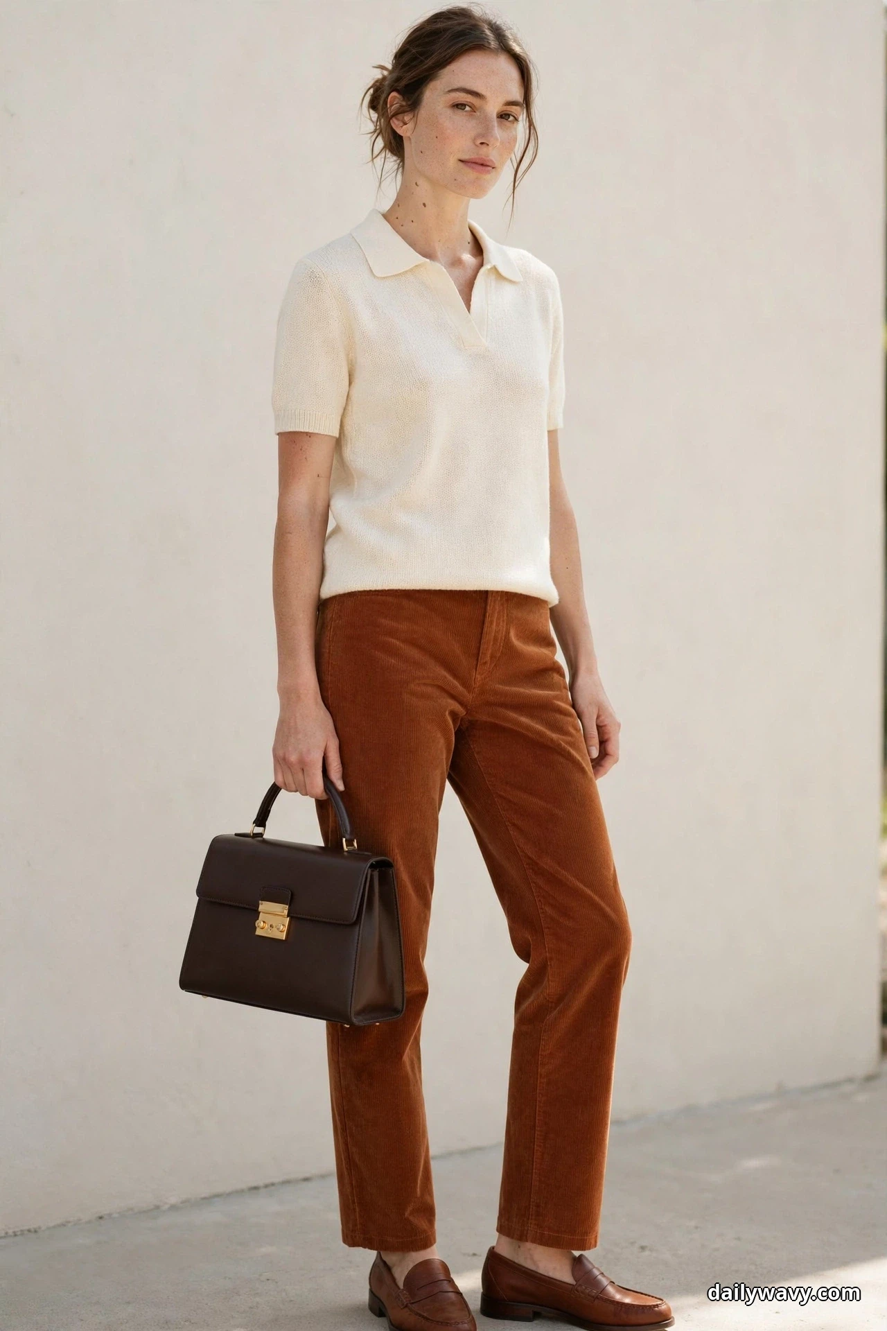 A woman stands in a three-quarter pose against a cream wall wearing a cream short-sleeve knit polo with rust corduroy trousers, holding a dark brown structured top-handle bag, with brown leather loafers