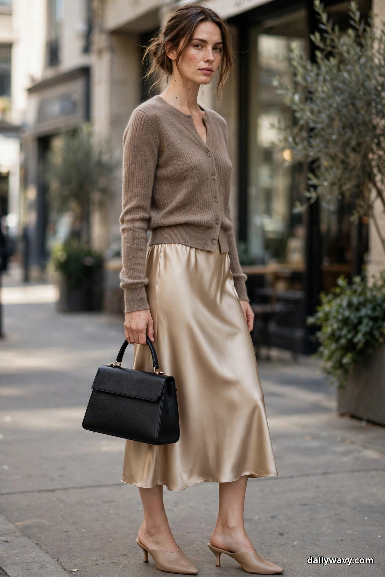 A woman stands in a three-quarter pose on a city sidewalk wearing a taupe fine-knit cardigan buttoned as a top with a champagne satin midi skirt, holding a black structured top-handle bag, with nude heeled mules