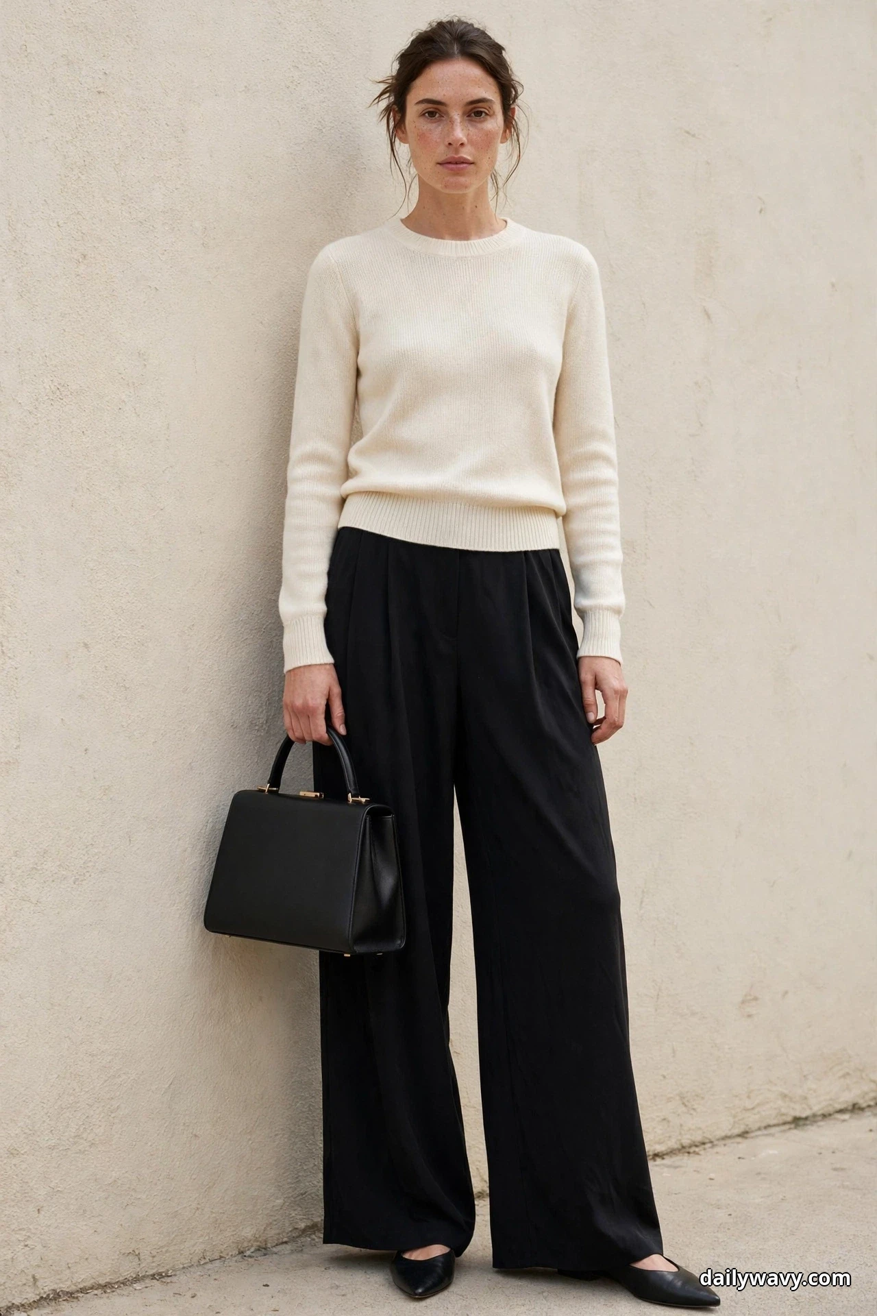 A woman stands full length against a beige wall wearing a cream fine crewneck knit with black wide-leg fluid trousers, holding a black structured top-handle bag, with black pointed flats