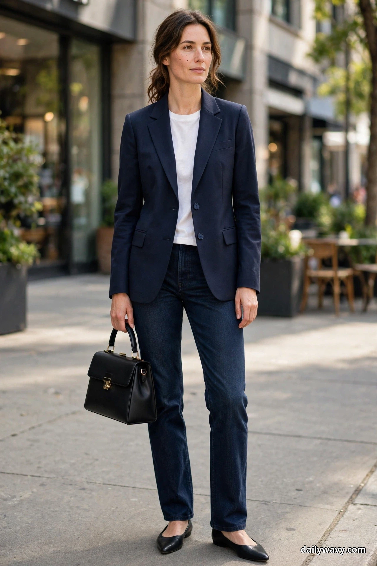 A woman stands full length on a city sidewalk wearing a navy tailored blazer over a white tee with dark indigo straight jeans, holding a black structured top-handle bag, with black pointed flats