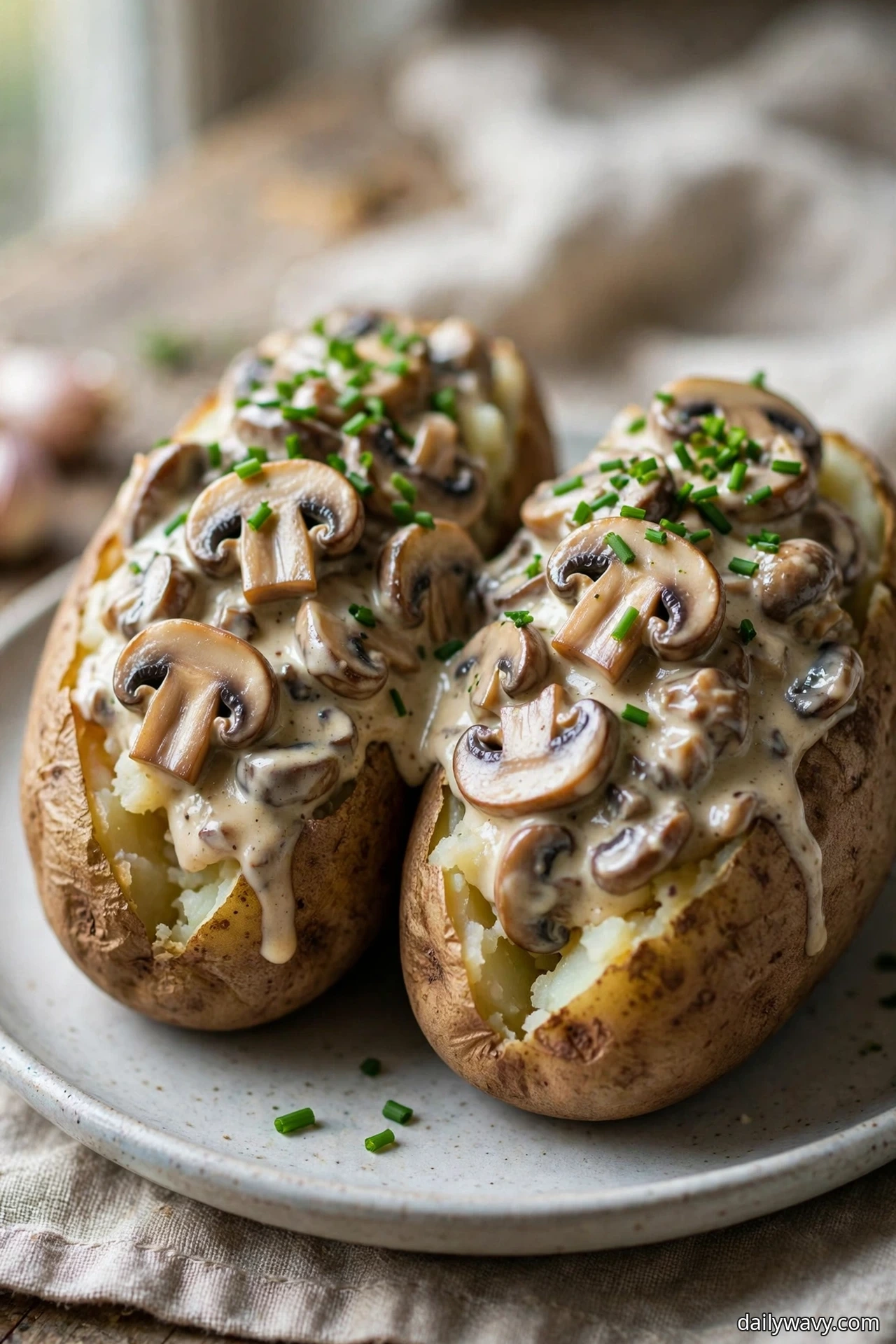 A closer view shows two baked potatoes heaped with creamy mushroom sauce and chopped fresh chives on a plate