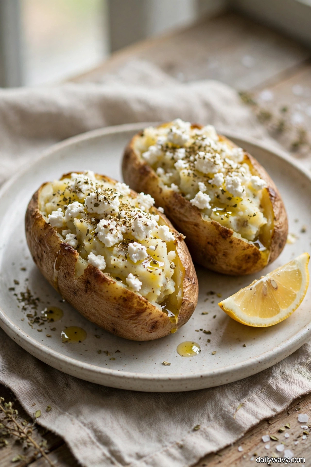 Two baked potatoes topped with crumbled feta, dried oregano, and a drizzle of olive oil sit beside a lemon wedge on a plate