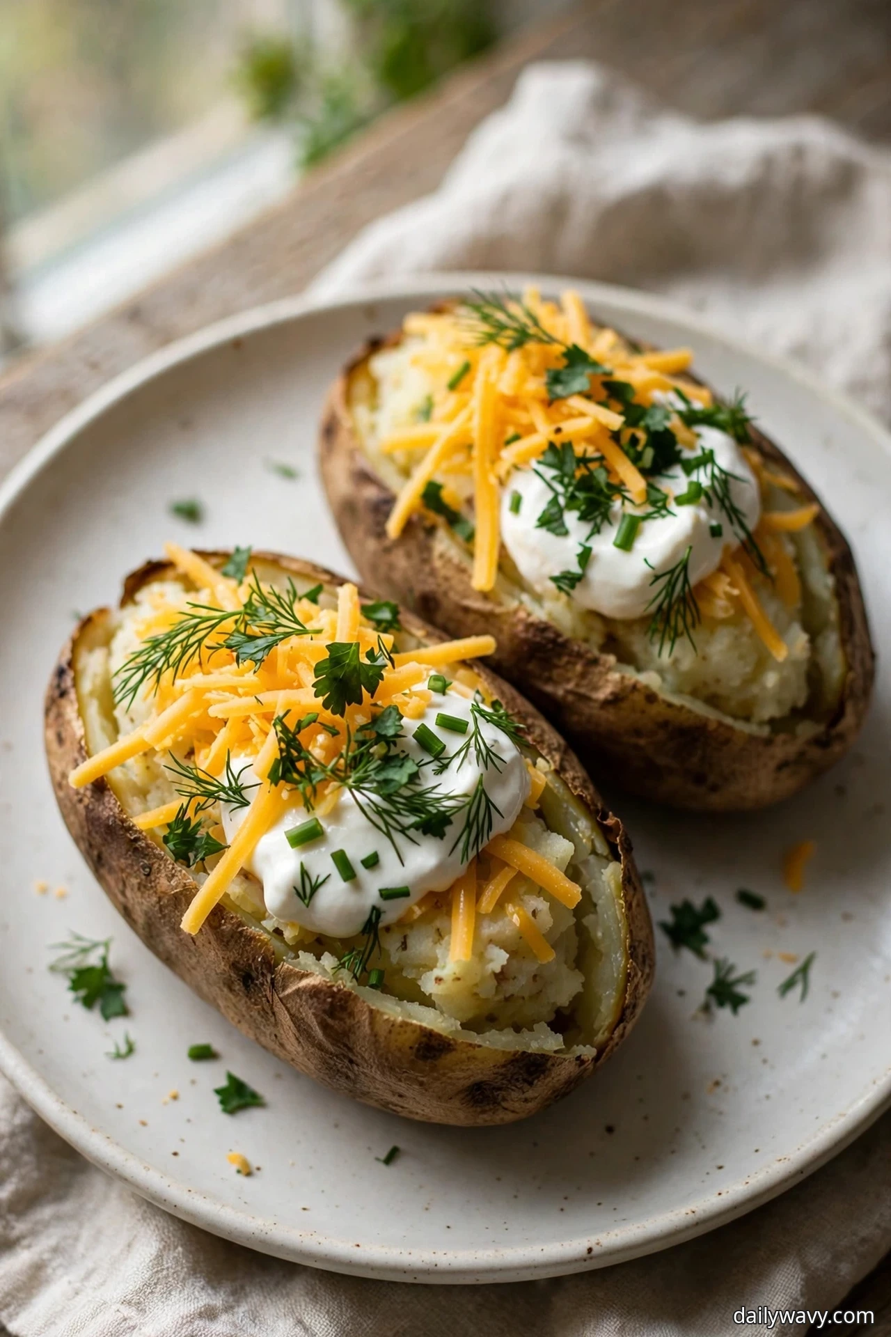 Two baked potatoes topped with shredded cheddar, a dollop of sour cream, and chopped fresh parsley, chives, and dill sit on a plate