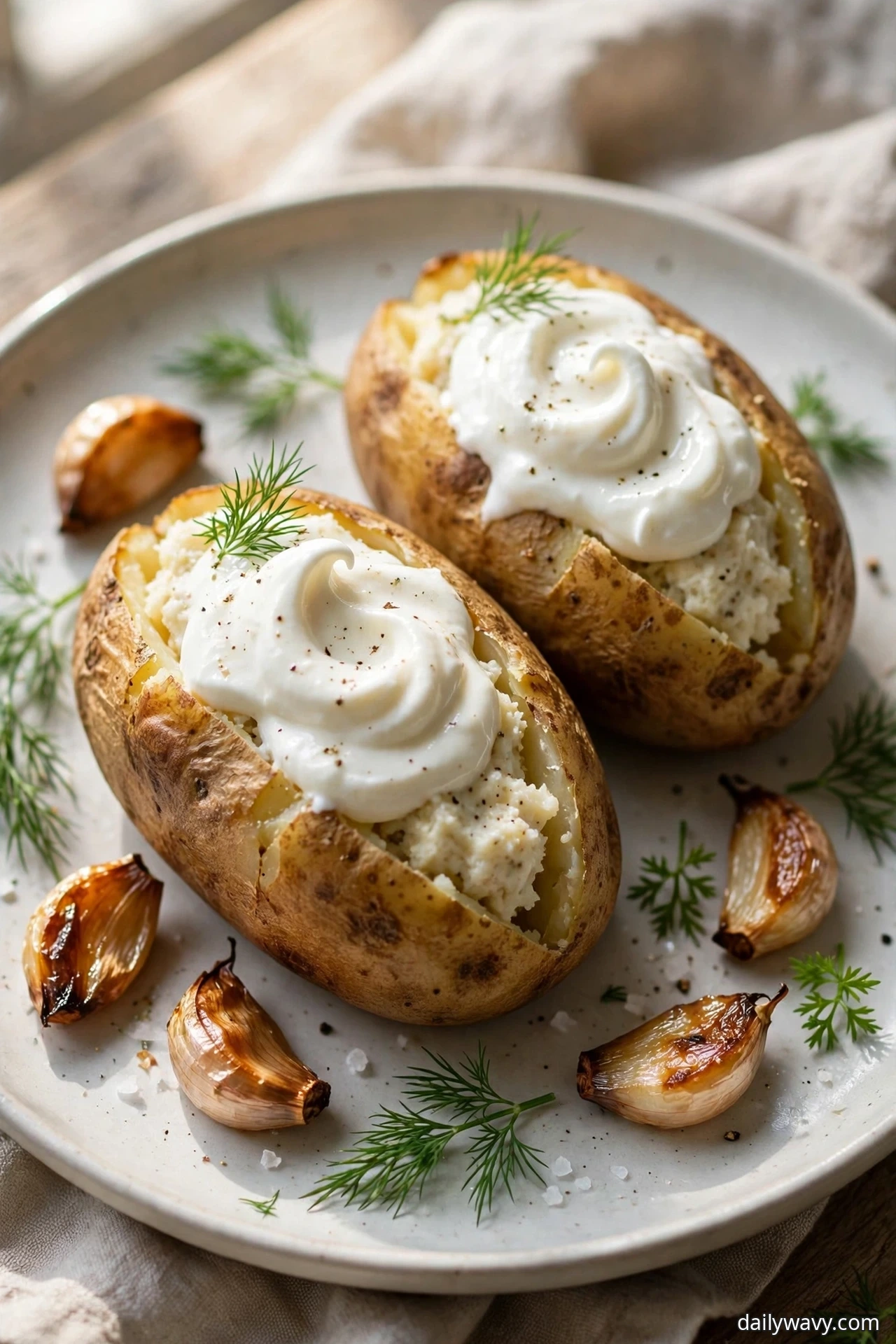 Two baked potatoes topped with a swirl of garlic yogurt and fresh dill sit on a plate with roasted garlic cloves beside them