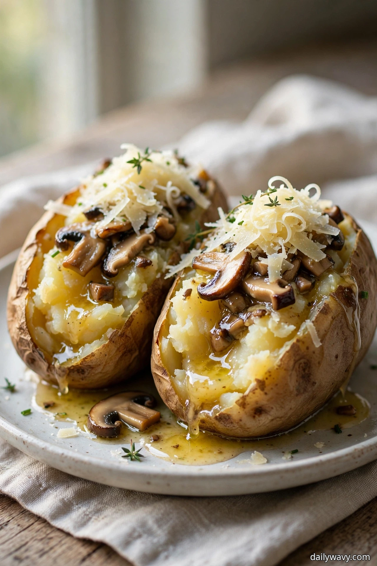 Two baked potatoes topped with sauteed mushrooms, melted mushroom butter, shaved parmesan, and fresh thyme sit on a plate