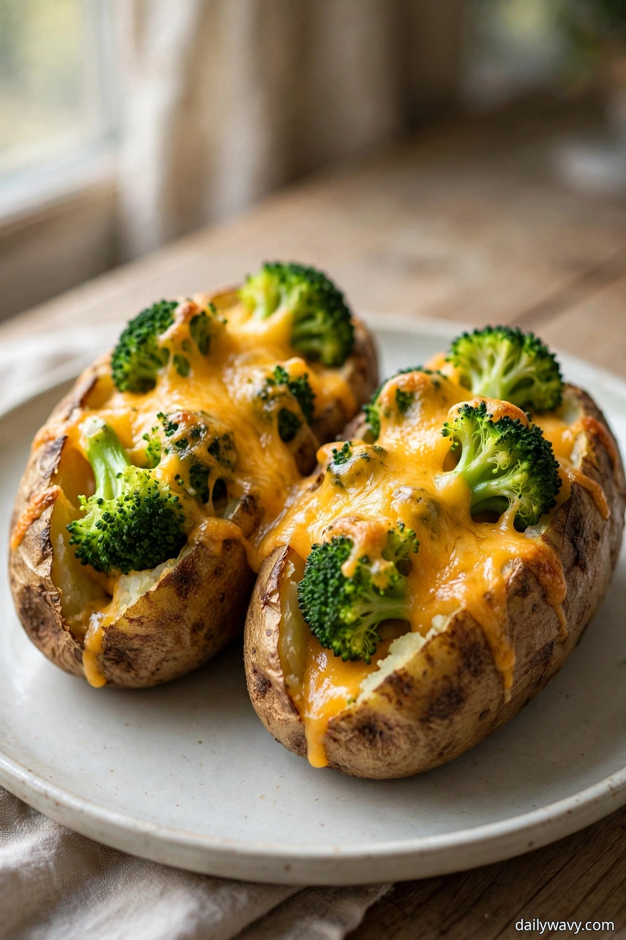 Two baked potatoes topped with bright green broccoli florets and melted cheddar sit on a plate