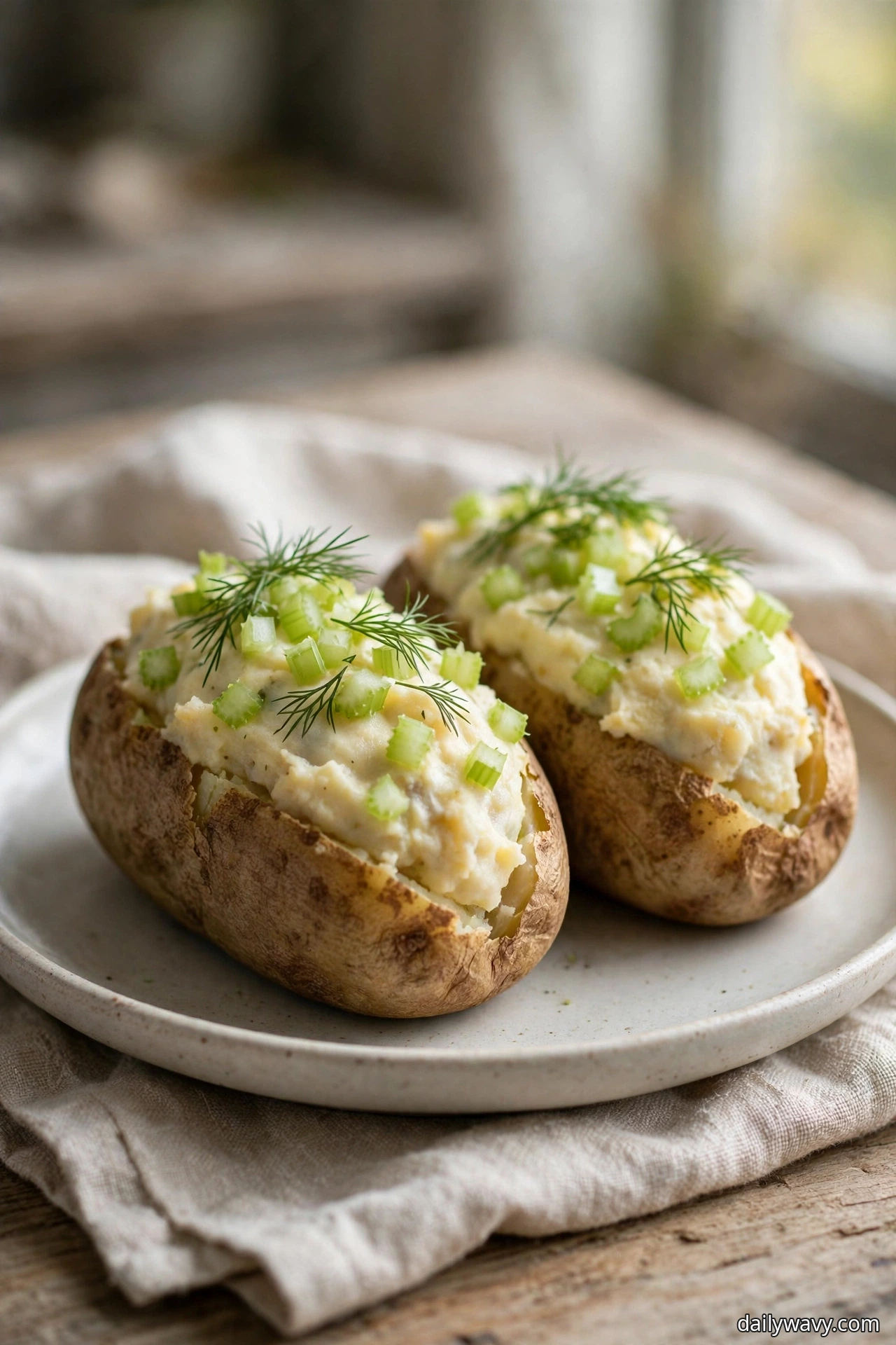 Two baked potatoes filled with creamy celery and dill filling and topped with diced celery and fresh dill fronds sit on a plate