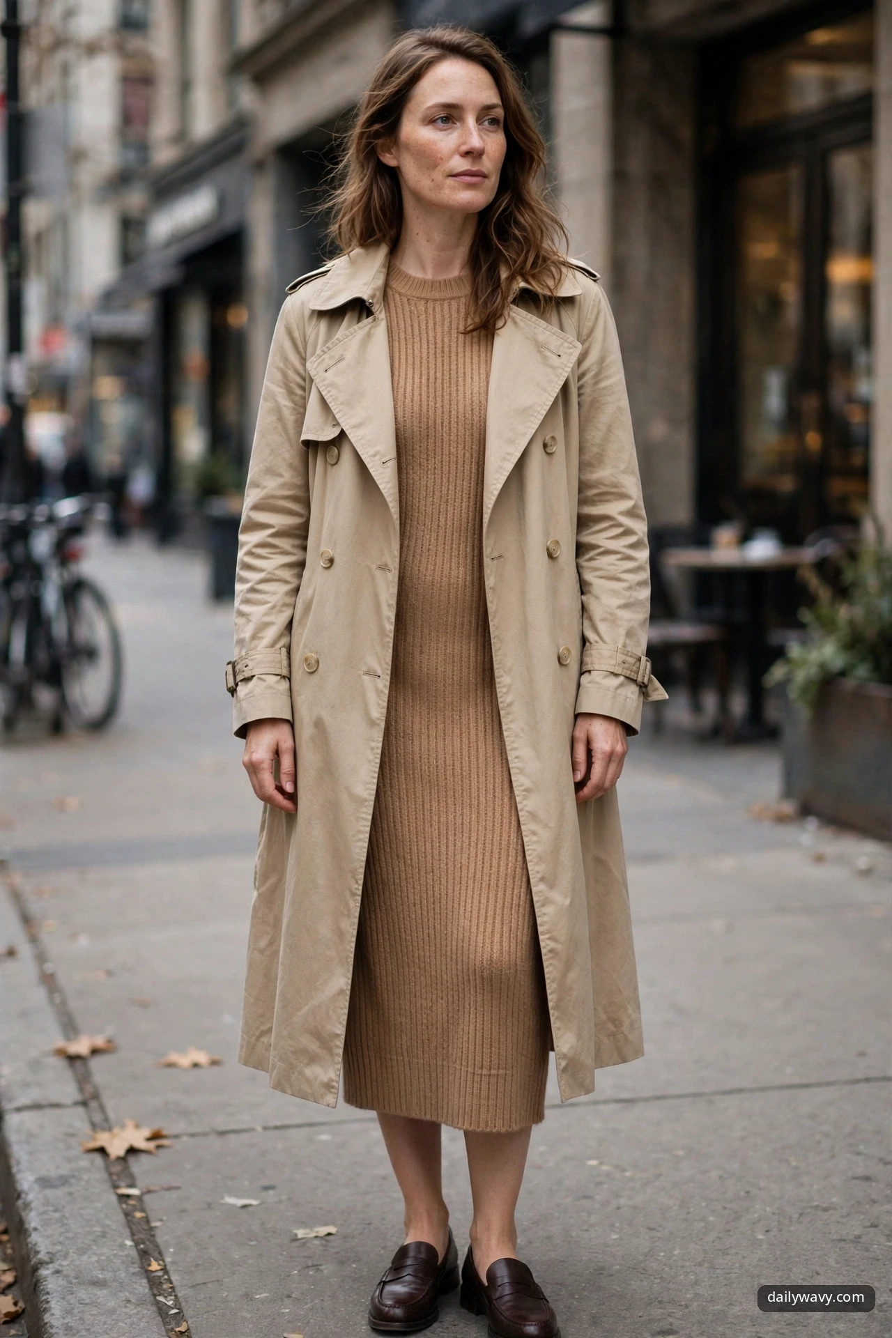 A closer view of a woman in a camel ribbed sweater dress under an open beige trench coat, wearing dark brown loafers on a city sidewalk.