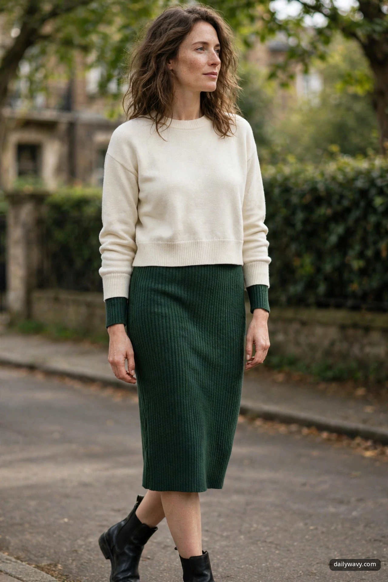 A woman in a cream cropped crewneck sweater layered over a charcoal ribbed sweater dress, wearing black leather ankle boots on a street.