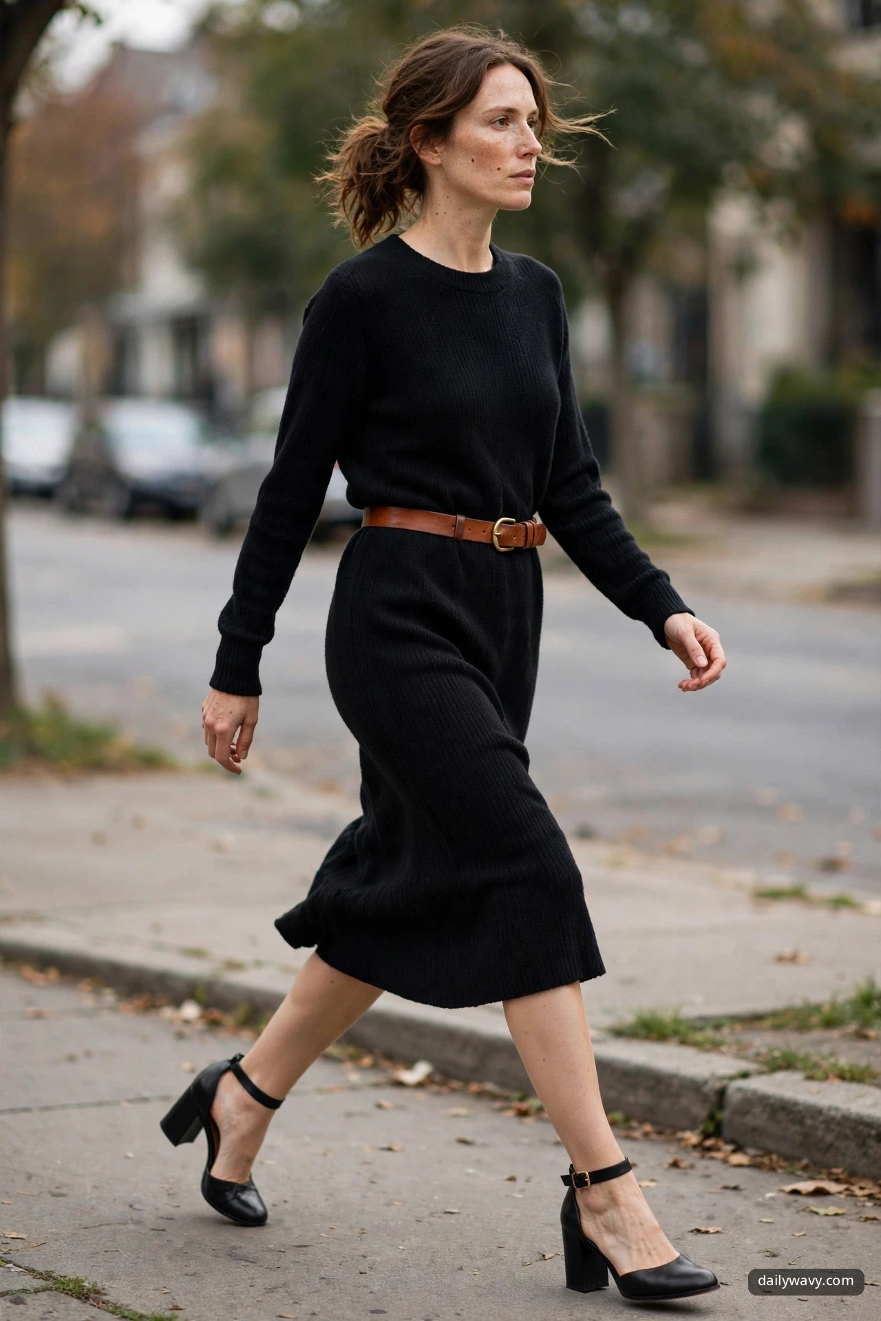 A woman in a black ribbed sweater dress cinched with a cognac leather belt, wearing black block-heel ankle-strap pumps mid-stride on a sidewalk.