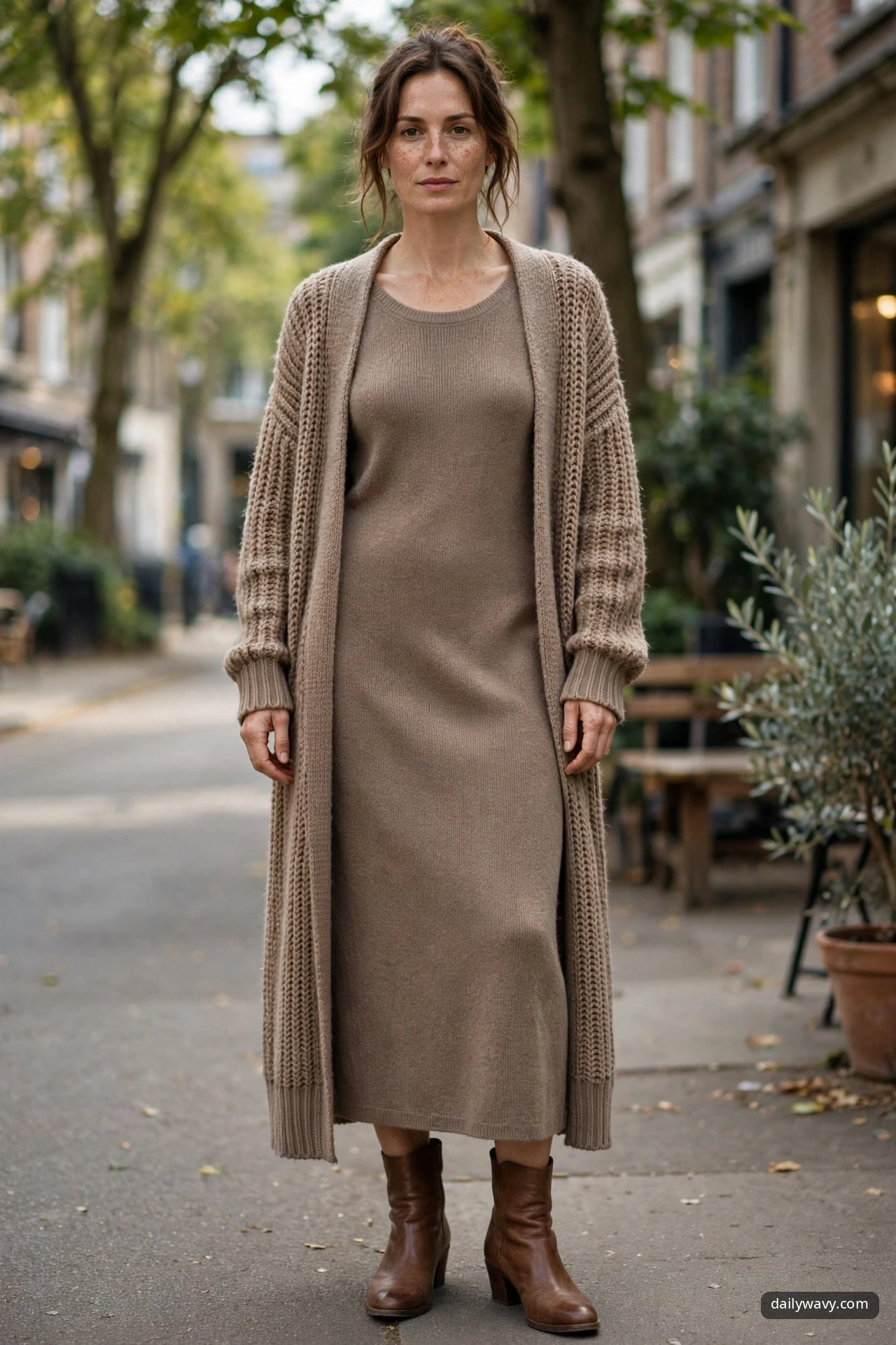 A woman in a taupe midi sweater dress under a long open cardigan, wearing brown leather low boots on a street.