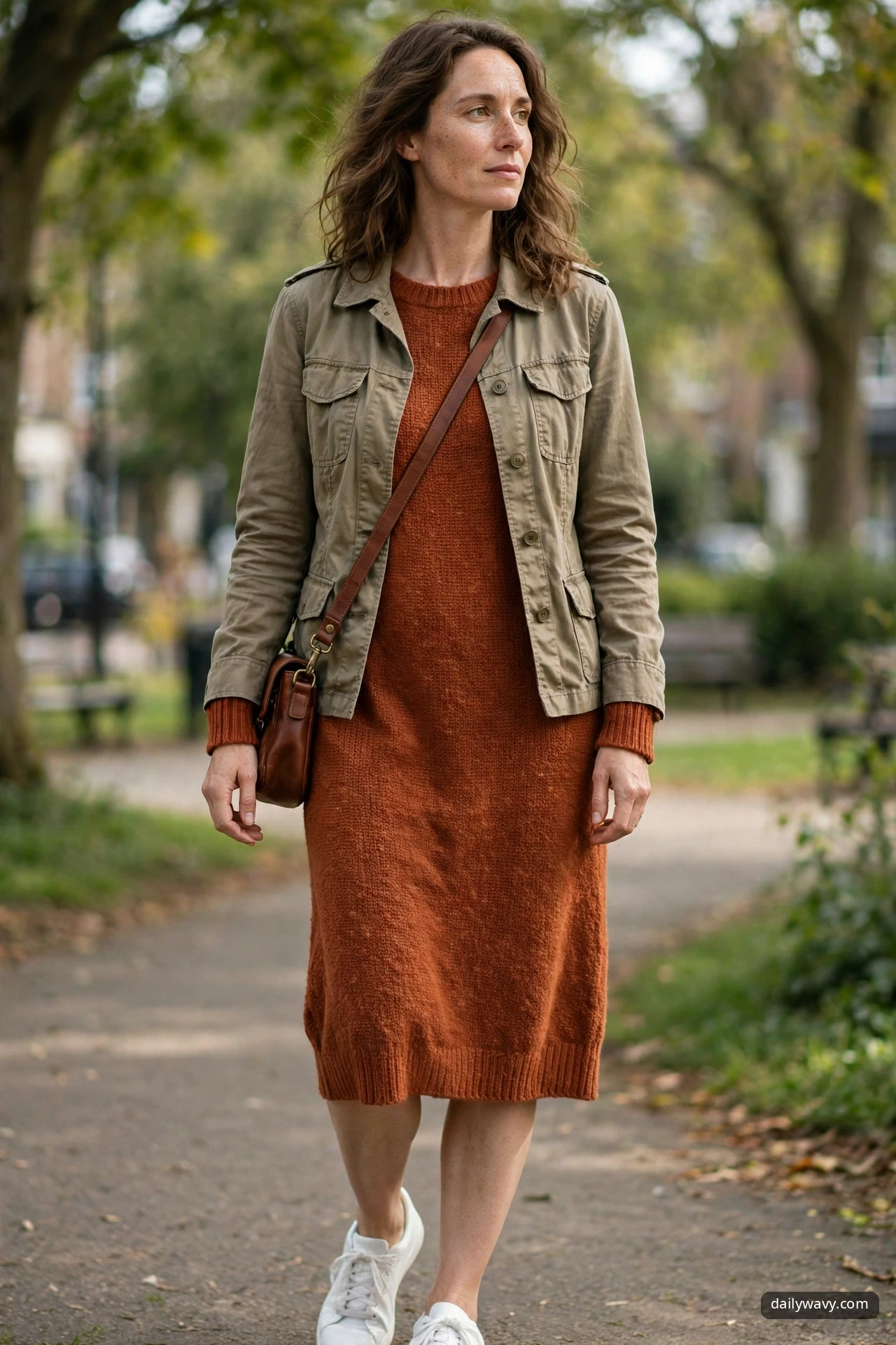 A woman in a rust-orange knit sweater dress under a short khaki utility jacket, wearing white sneakers and carrying a brown leather crossbody bag on a park path.