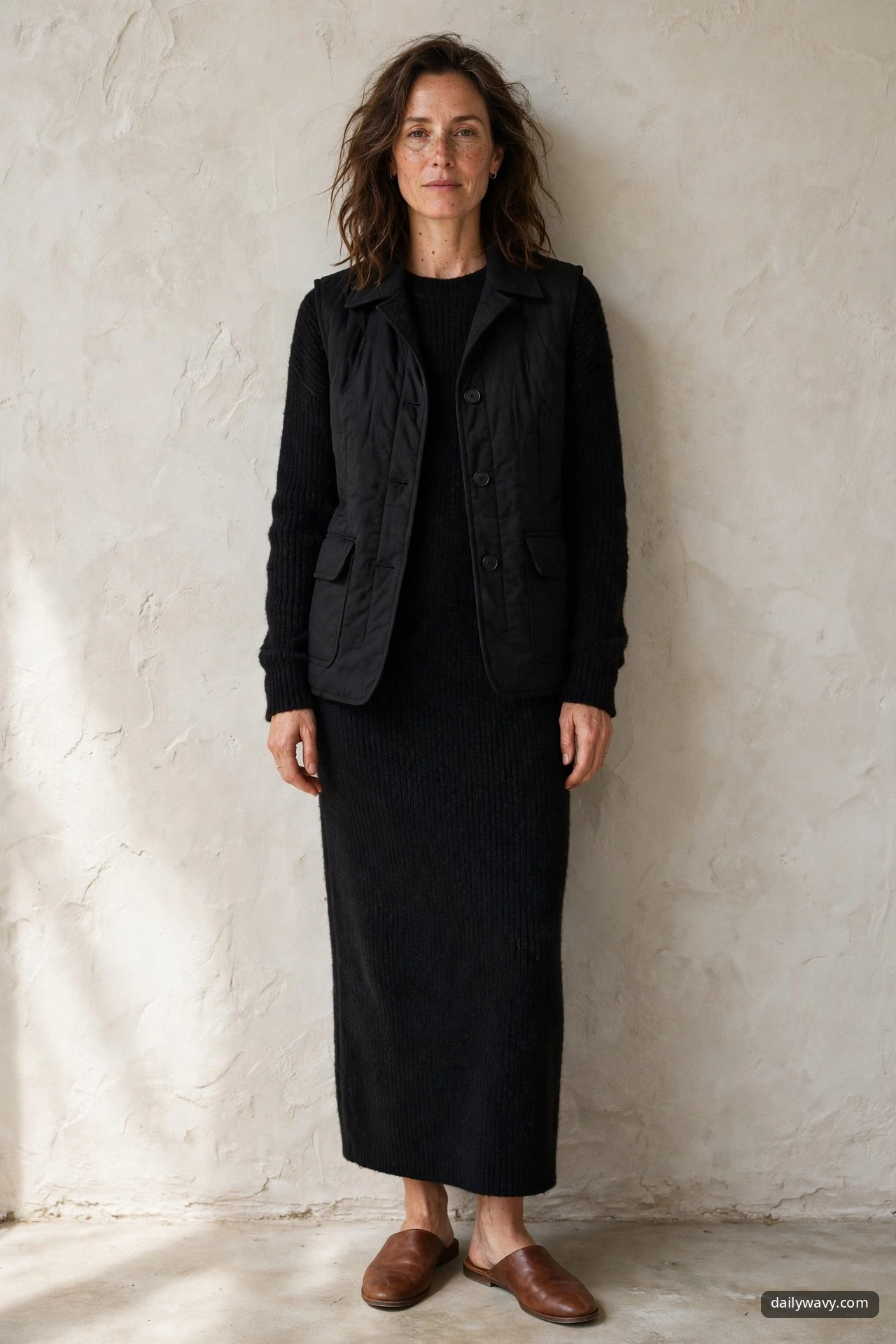 A woman in a black knit sweater dress under a tailored black sleeveless vest, wearing brown leather flat mules against a white wall.