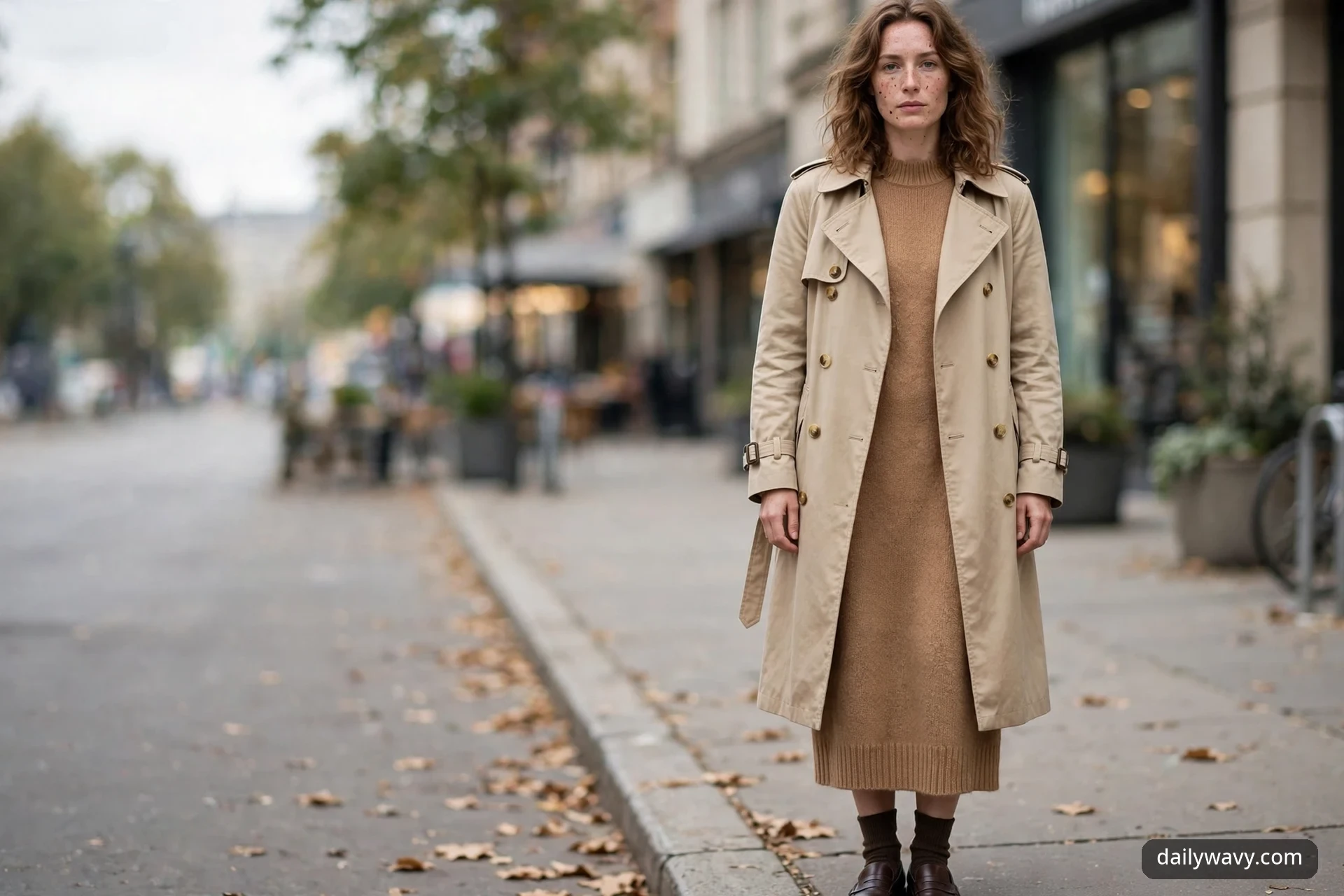 Wide view of a woman in a camel ribbed sweater dress under an open beige trench coat, wearing dark brown loafers on a city sidewalk in natural daylight.