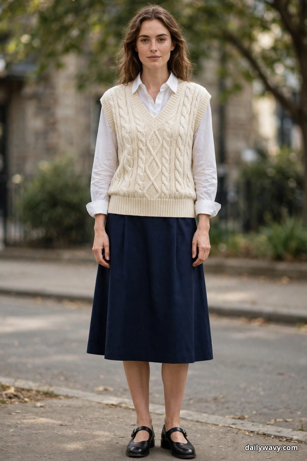 A woman stands full length outdoors wearing a cream cable-knit V-neck sweater vest over a white button-down shirt with rolled cuffs, with a navy A-line skirt and black Mary Jane shoes