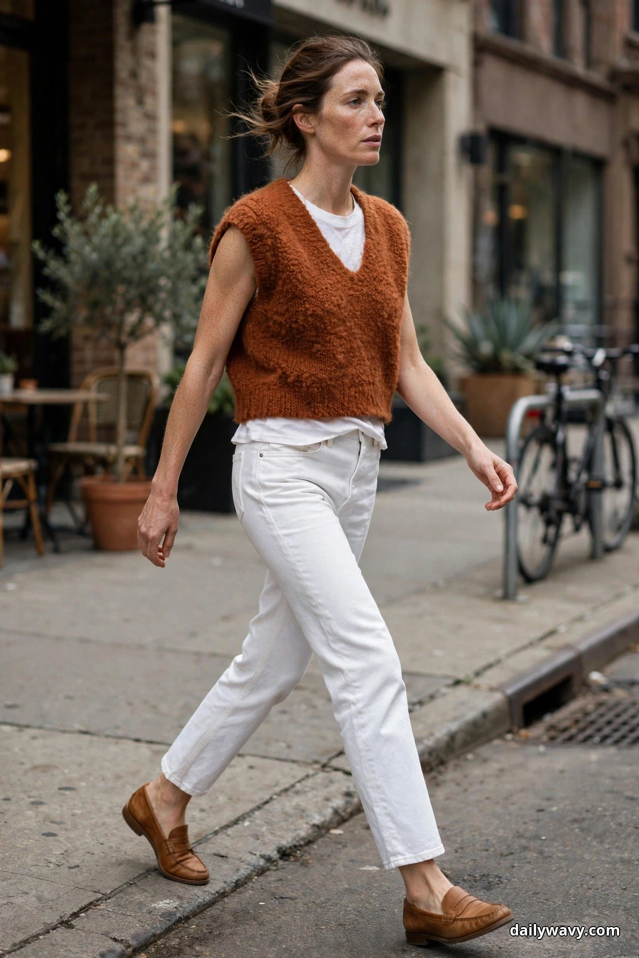 A woman walks along a sidewalk wearing a cropped rust textured-knit sweater vest over a white tee, with high-rise white straight-leg jeans and tan leather loafers