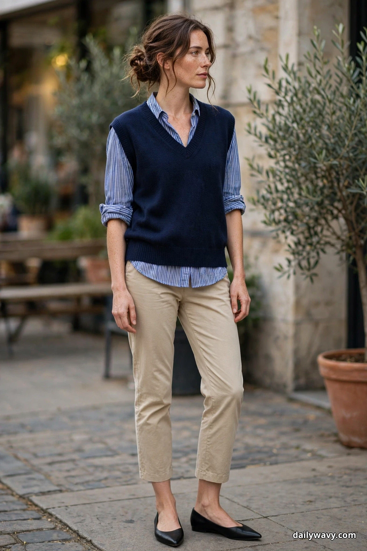 A woman stands full length wearing a navy V-neck sweater vest over a blue-and-white striped button-down shirt, with cropped beige chinos that end above the ankle and black pointed flats