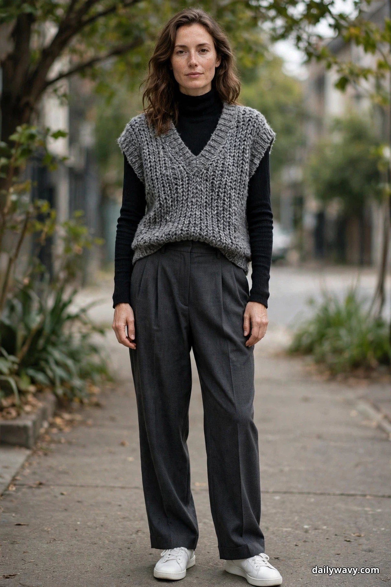 A woman stands full length wearing a chunky gray marled V-neck sweater vest over a black turtleneck, with relaxed charcoal pleated trousers and white leather sneakers