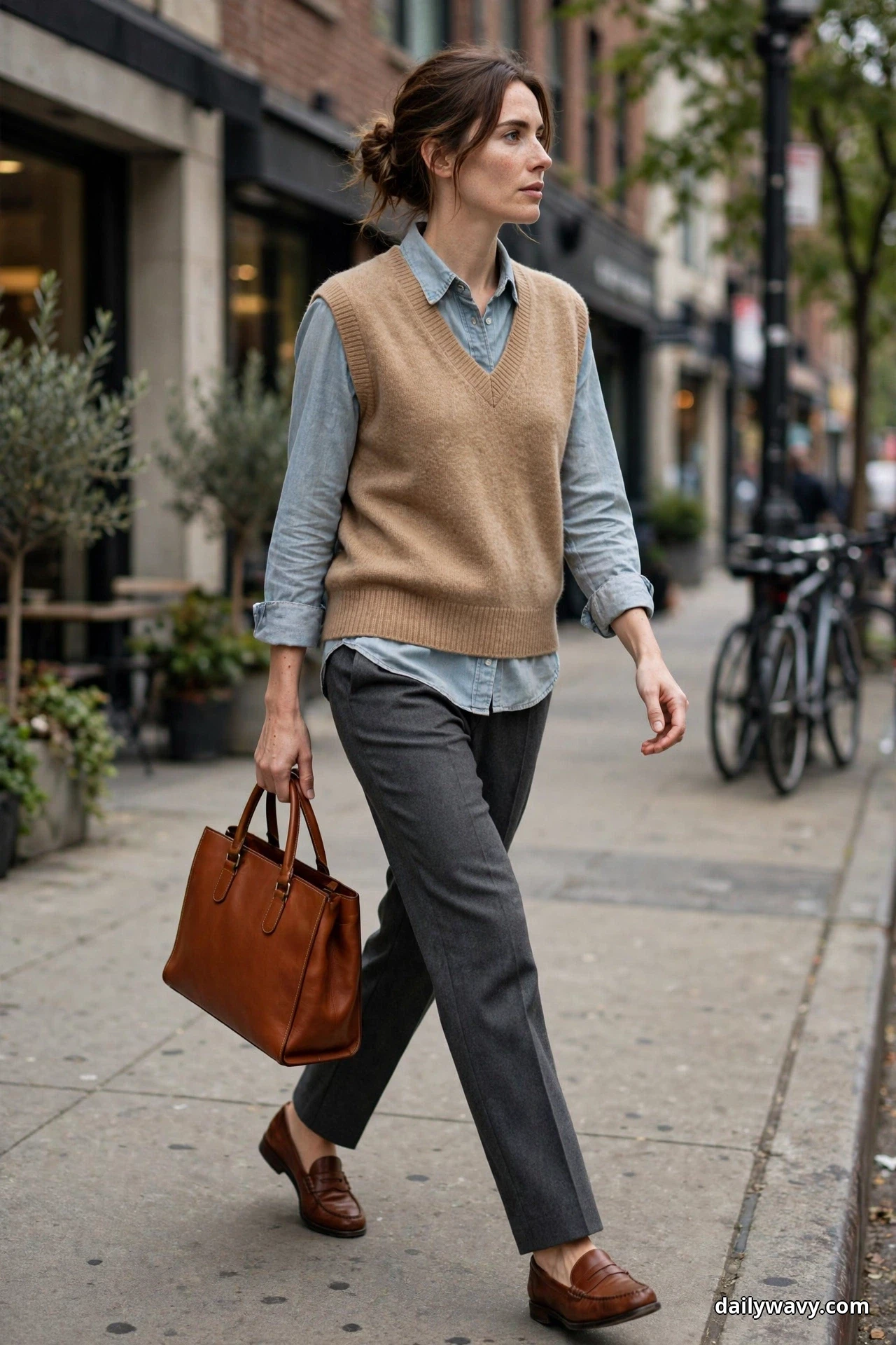 A woman walks along a sidewalk wearing a tan V-neck sweater vest over a light chambray shirt, with charcoal wool trousers and brown leather loafers, carrying a structured cognac tote