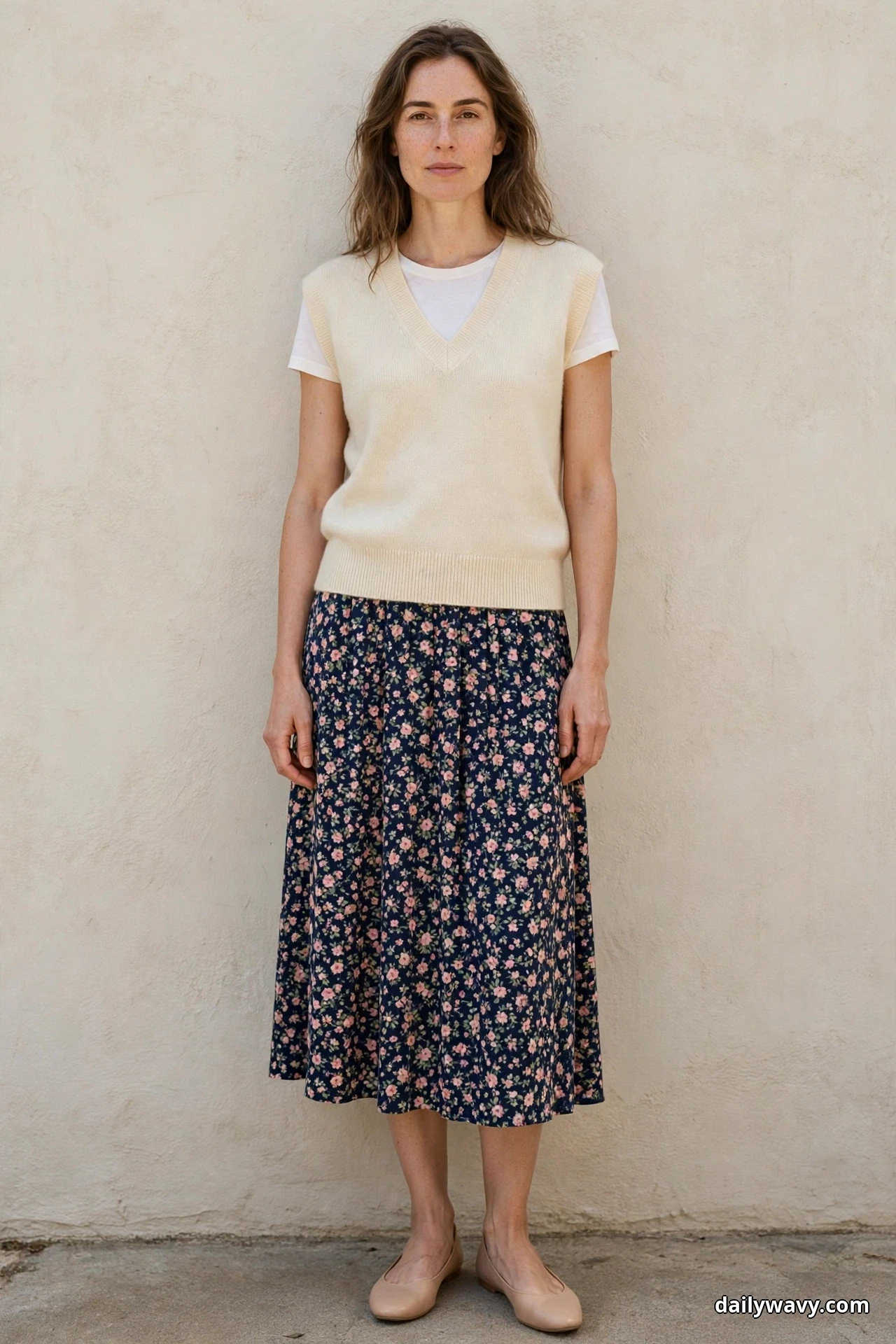 A woman stands full length against a plain wall wearing a cream fine-knit V-neck sweater vest over a white tee, with a navy midi skirt printed with small pink florals and nude ballet flats