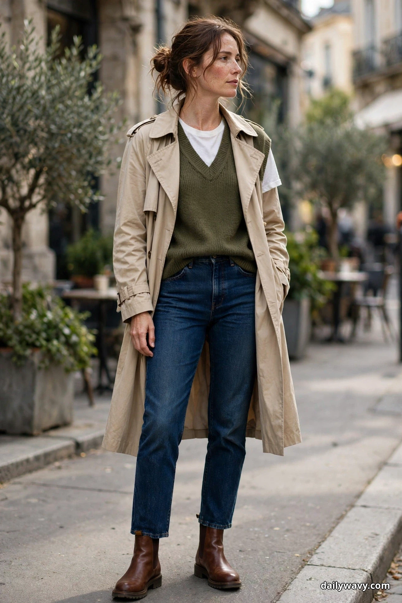 A woman stands full length wearing an olive V-neck sweater vest over a white tee under an open beige trench coat, with dark indigo straight-leg jeans and brown Chelsea ankle boots