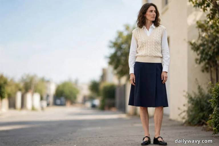 A woman stands full length on a quiet street wearing a cream cable-knit V-neck sweater vest over a white button-down shirt with a navy A-line skirt that falls below the knee, with black Mary Jane shoes