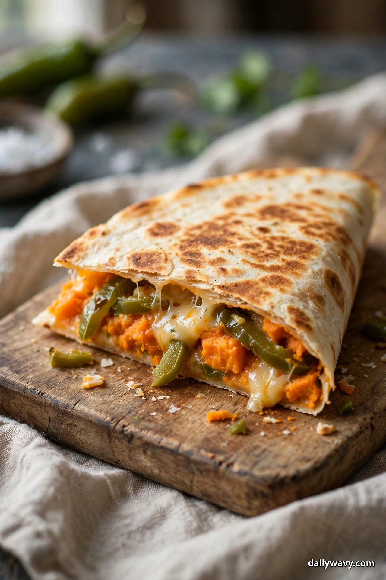 A folded sweet potato quesadilla on a wooden board is cut open to show green chile strips, orange sweet potato and melted cheese inside