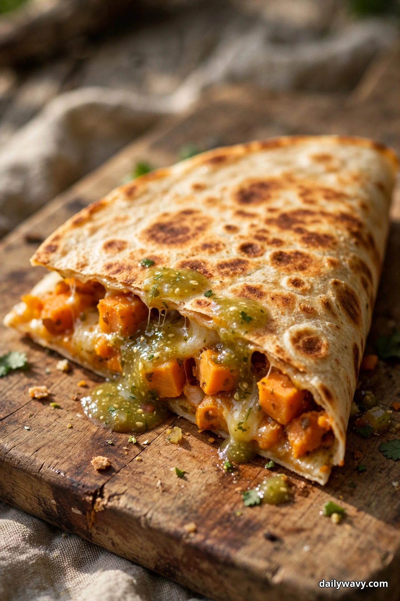 A folded sweet potato quesadilla on a wooden board is topped with green salsa verde spooned over its cut face, showing cubed sweet potato and melted cheese inside