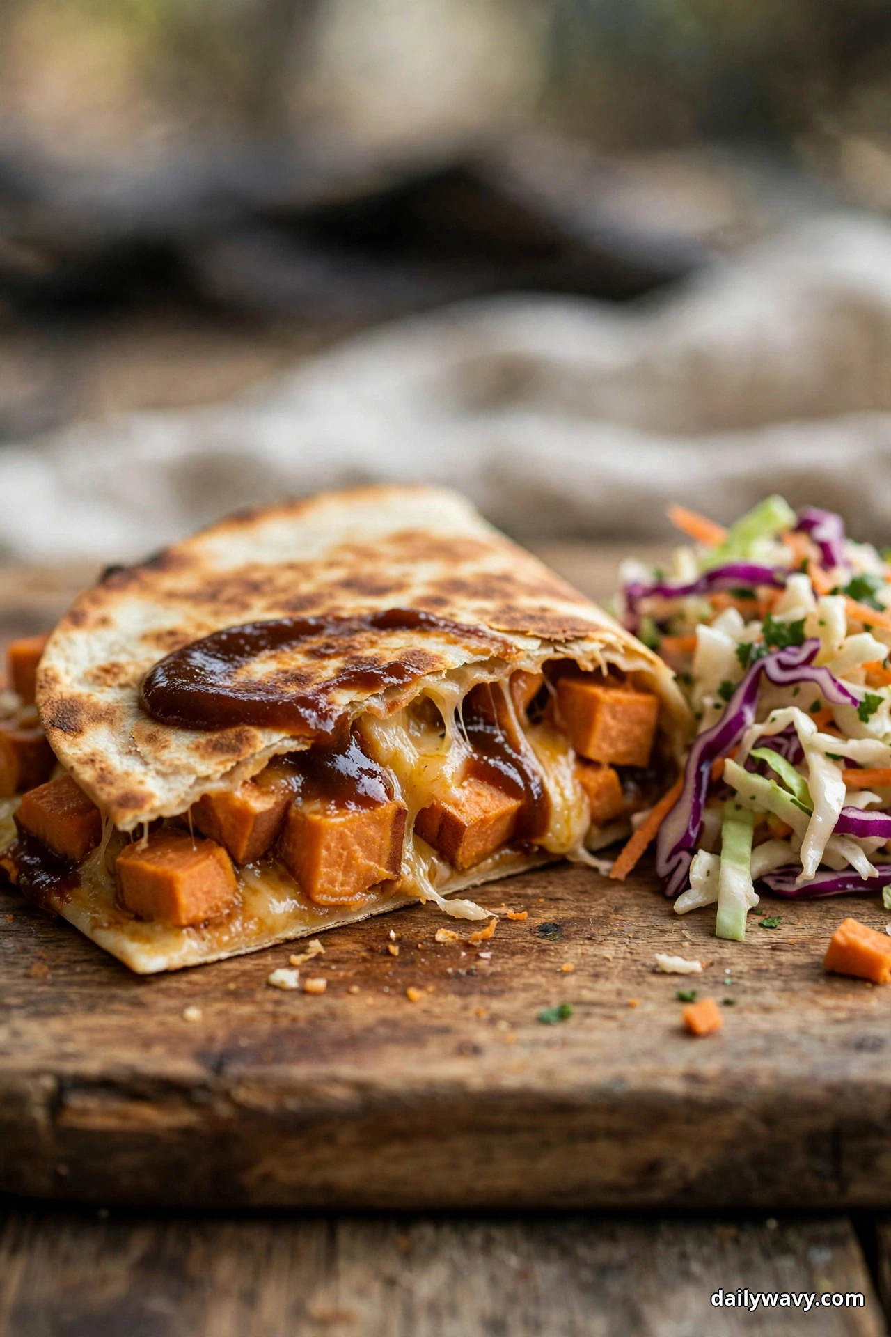 A sweet potato quesadilla half on a wooden board is drizzled with barbecue sauce and served with a pile of coleslaw beside it, showing cubed sweet potato and melted cheese inside