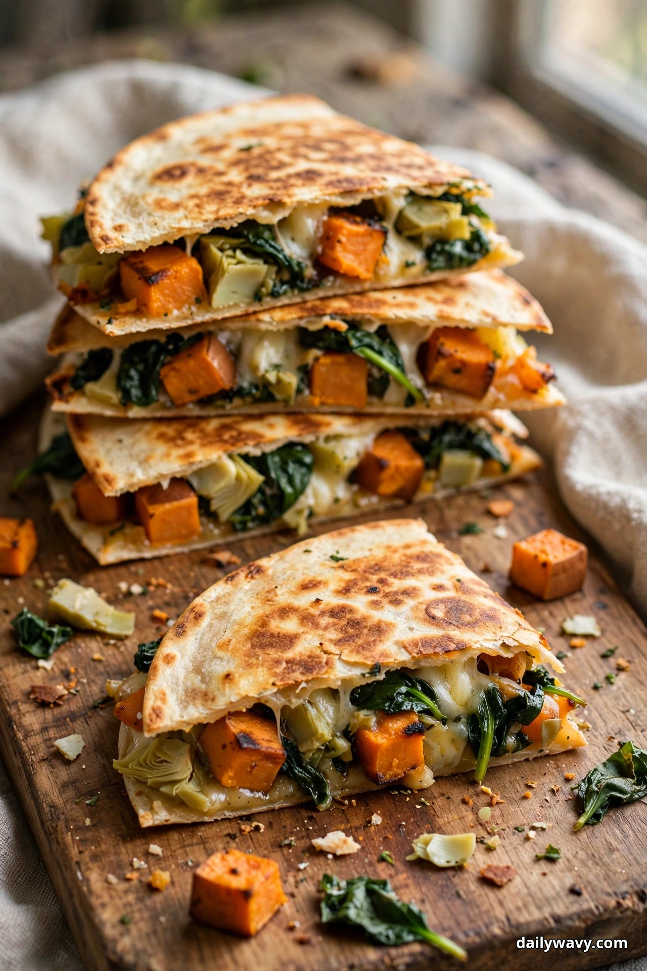A stack of sweet potato quesadilla wedges on a wooden board shows spinach leaves, artichoke pieces and roasted sweet potato cubes layered with melted cheese