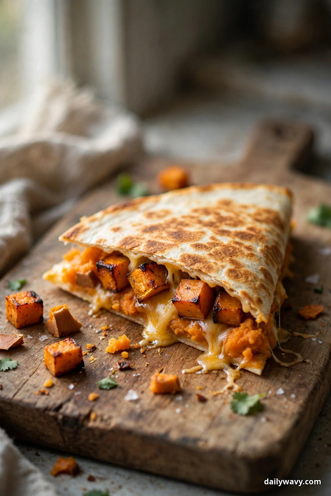Sweet potato quesadilla wedges on a wooden board show roasted squash and sweet potato cubes with melted cheese, with extra roasted cubes scattered around them