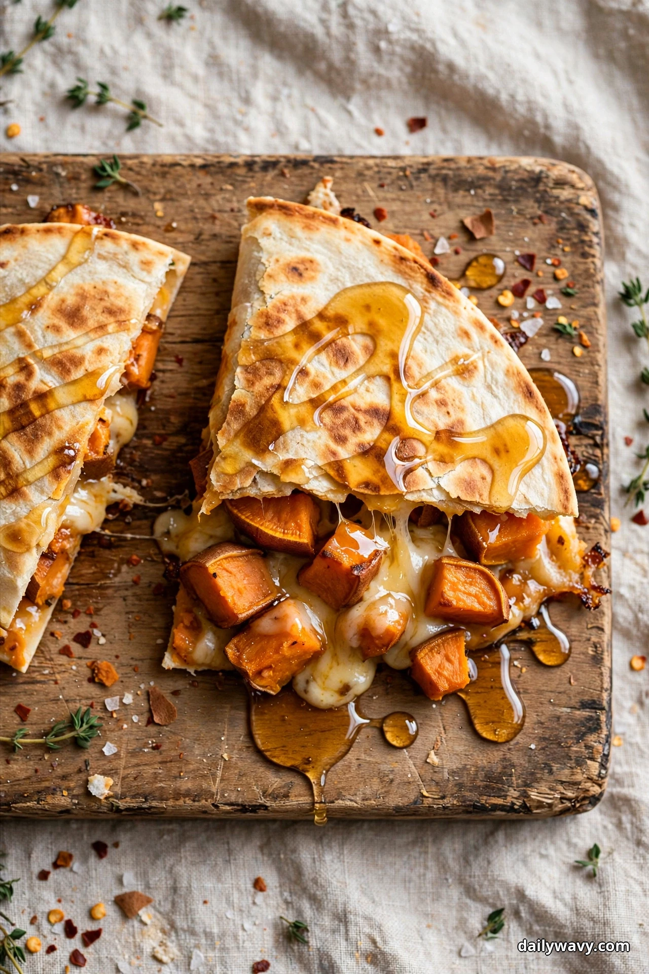 Sweet potato quesadilla wedges on a wooden board are drizzled with golden honey that pools on the board, showing roasted sweet potato cubes and melted cheese inside