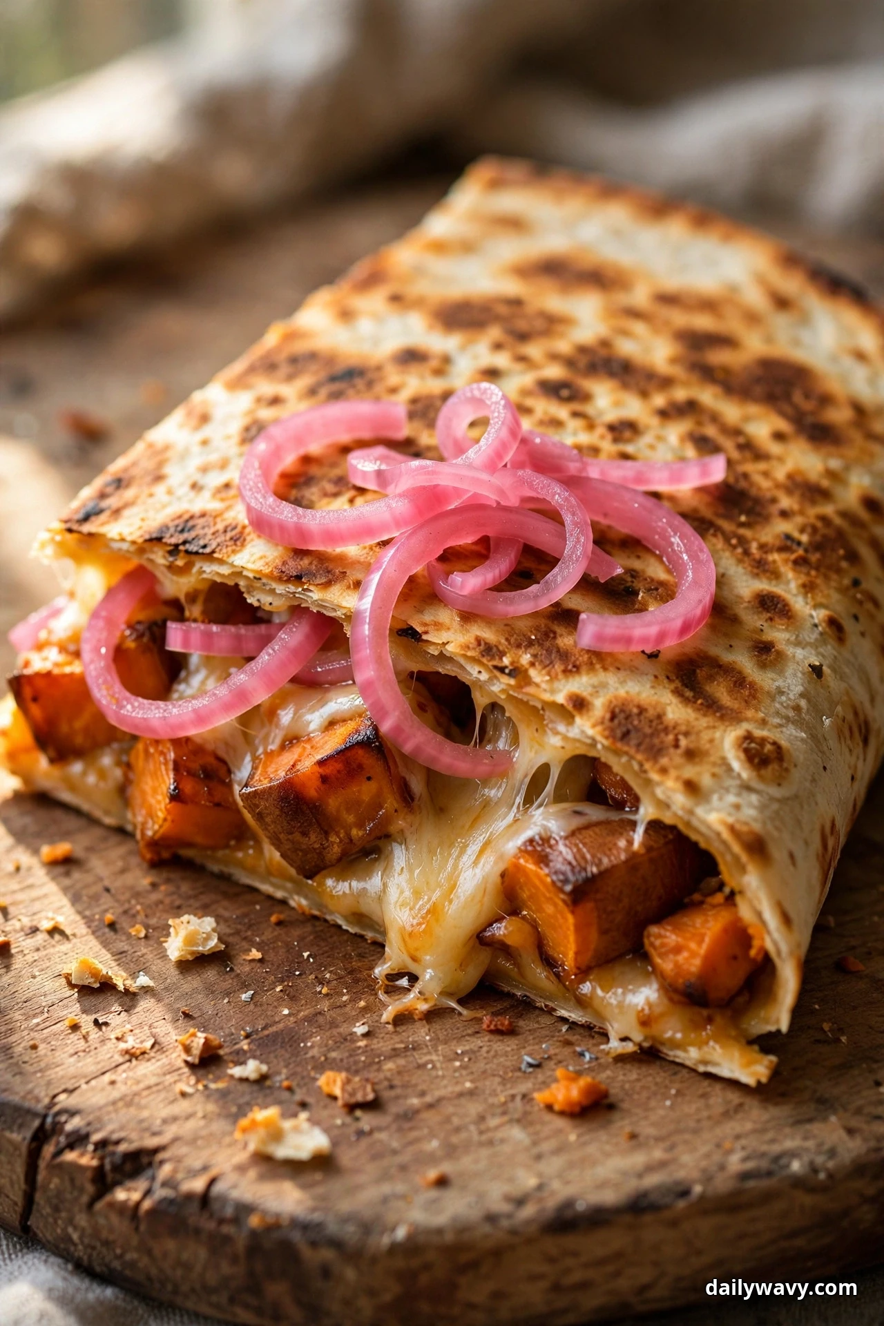A folded sweet potato quesadilla on a wooden board is topped with bright pink pickled onion rings, showing roasted sweet potato cubes and melted cheese at the cut edge