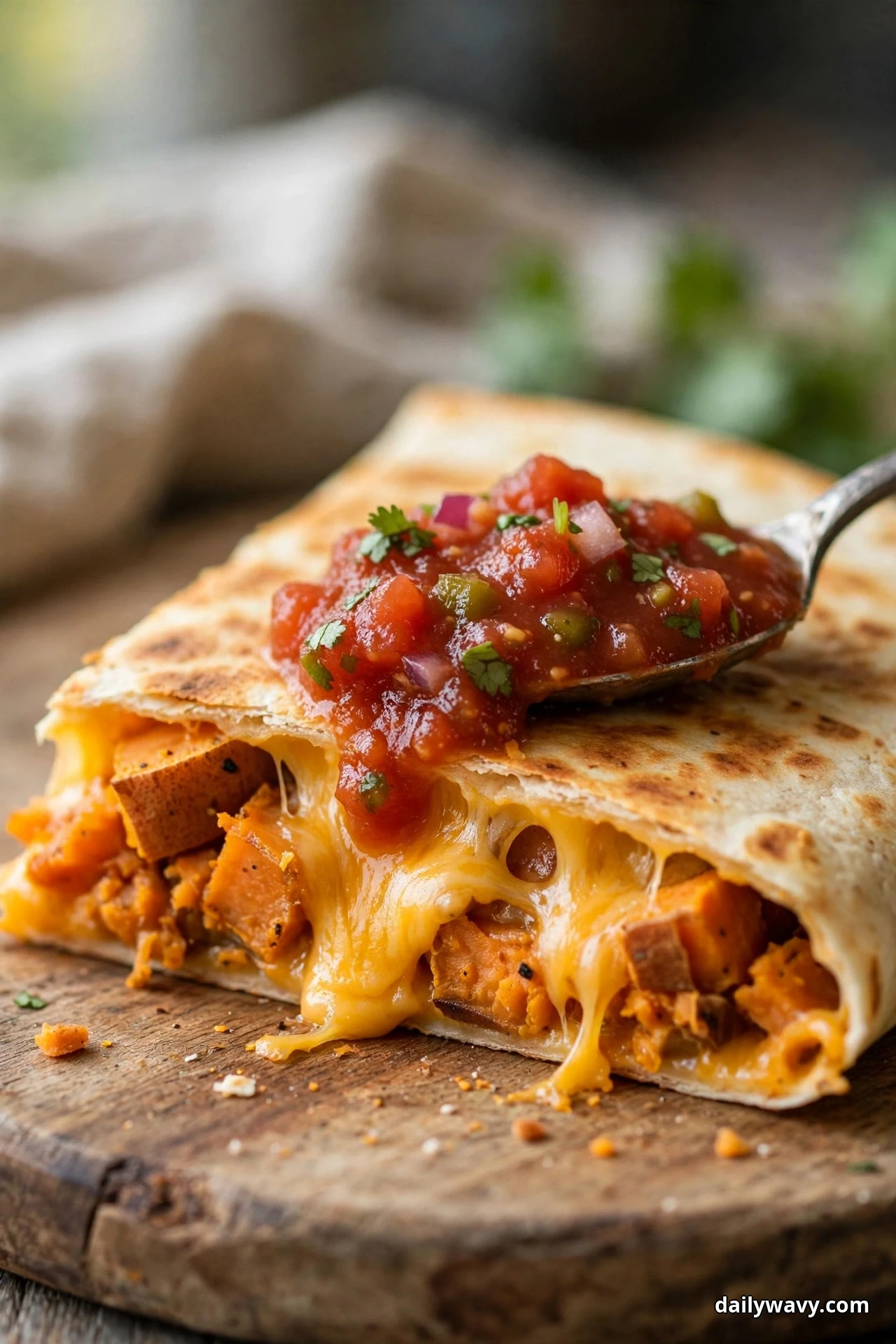 A sweet potato quesadilla on a wooden board is topped with a spoonful of chunky red salsa, showing melted cheddar and sweet potato inside