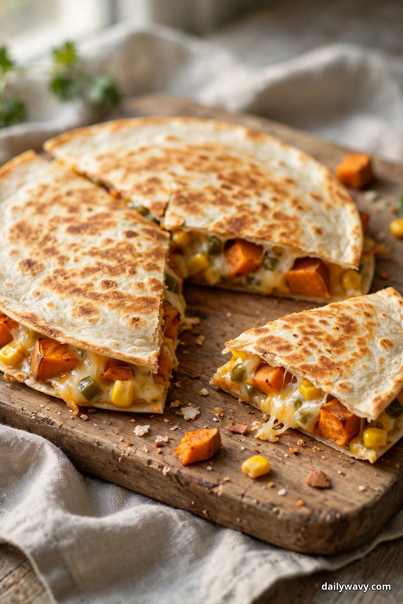 Sweet potato quesadilla wedges on a wooden board show corn kernels and roasted sweet potato cubes in the melted cheese filling, with loose corn scattered on the board