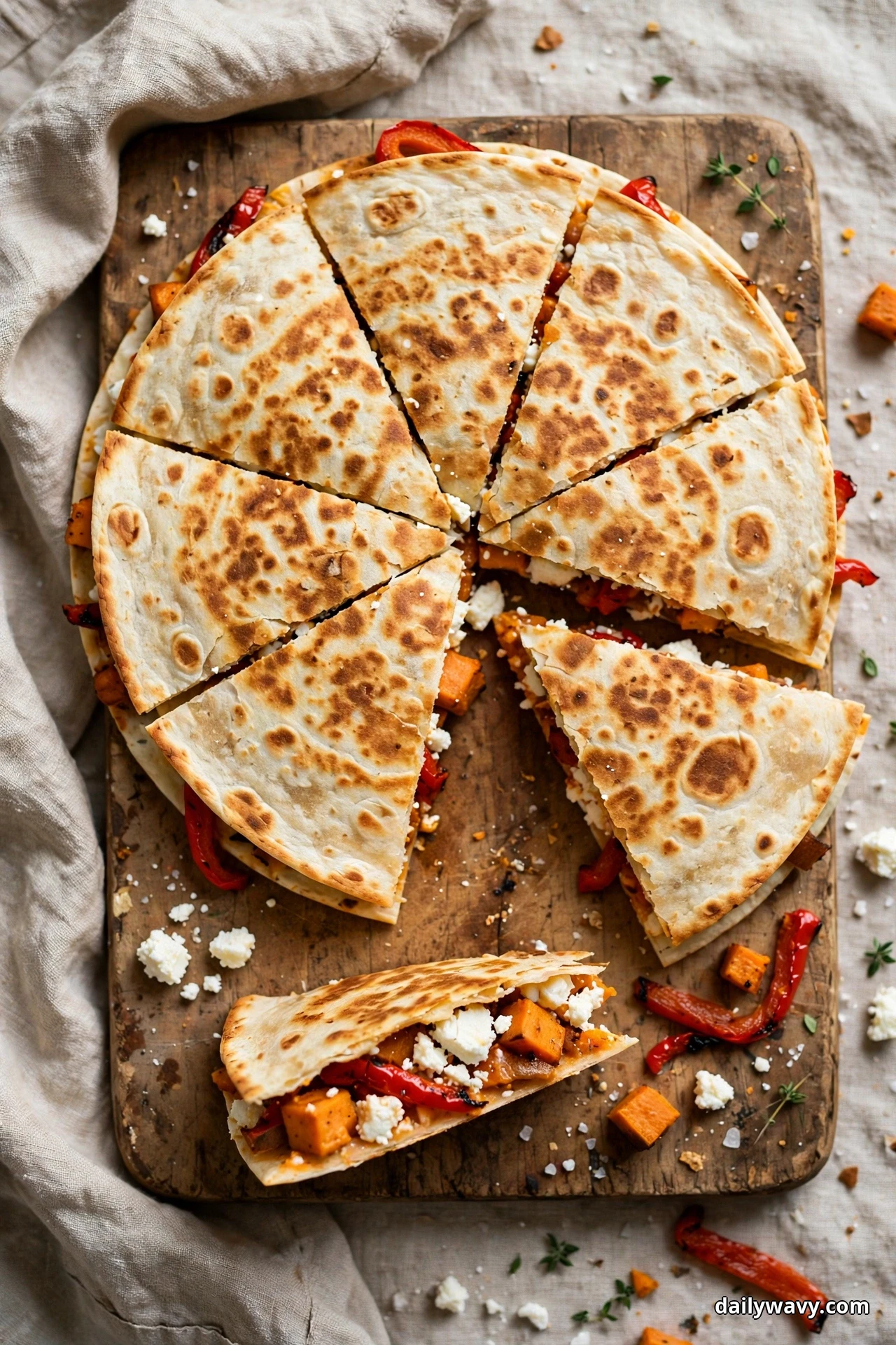 A round sweet potato quesadilla cut into wedges on a wooden board is shown from above with one wedge separated, showing roasted red pepper strips, sweet potato cubes and crumbled feta
