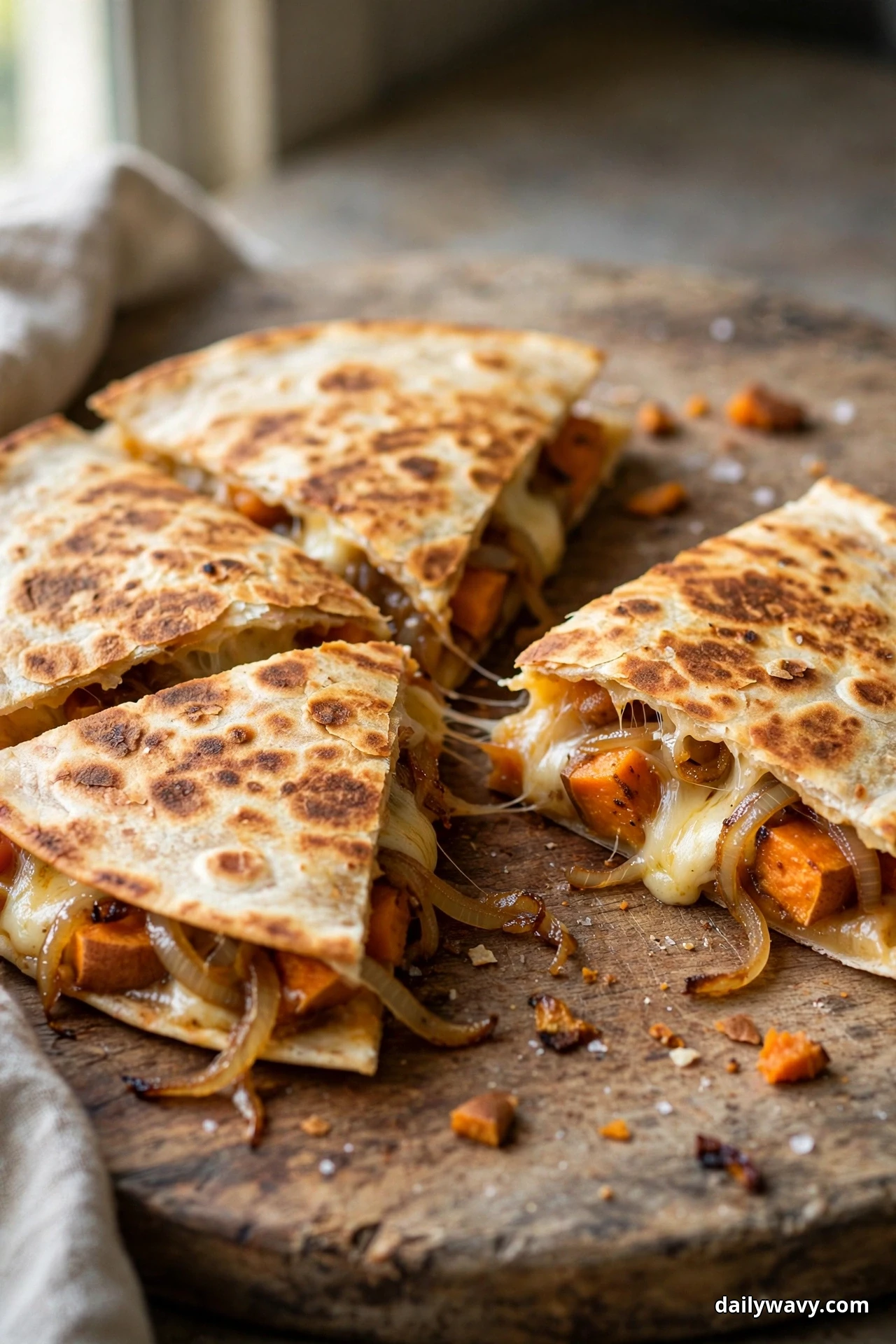 Sweet potato quesadilla wedges fanned on a wooden board show caramelized onion strands, roasted sweet potato cubes and melted cheese in the filling