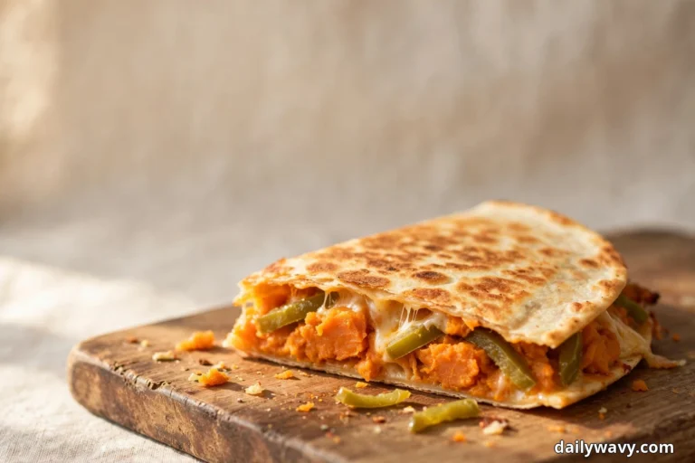 A folded sweet potato quesadilla sits on a wooden board with the cut side facing forward, showing orange sweet potato, green chile strips and melted cheese stretching inside the golden tortilla