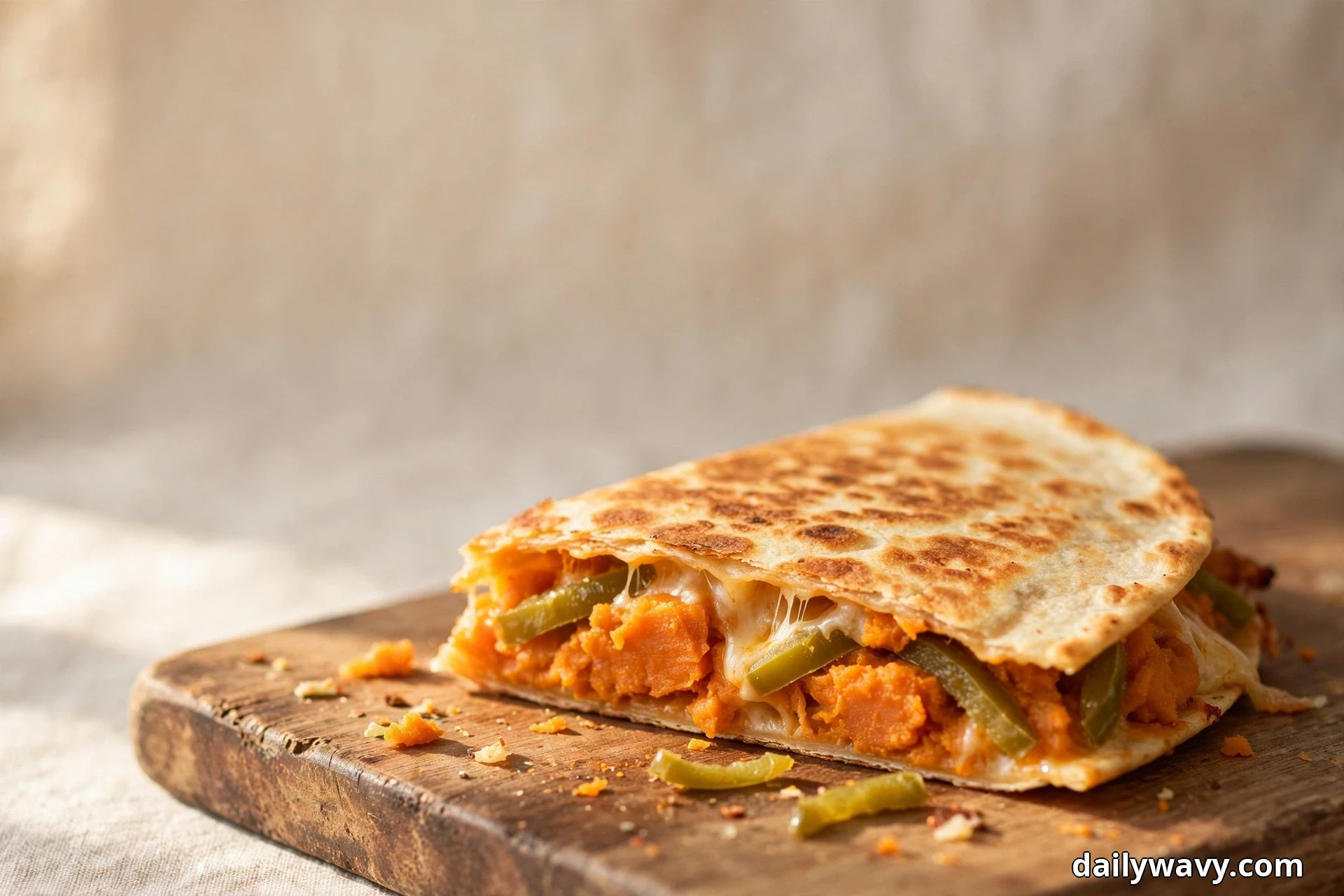 A folded sweet potato quesadilla sits on a wooden board with the cut side facing forward, showing orange sweet potato, green chile strips and melted cheese stretching inside the golden tortilla