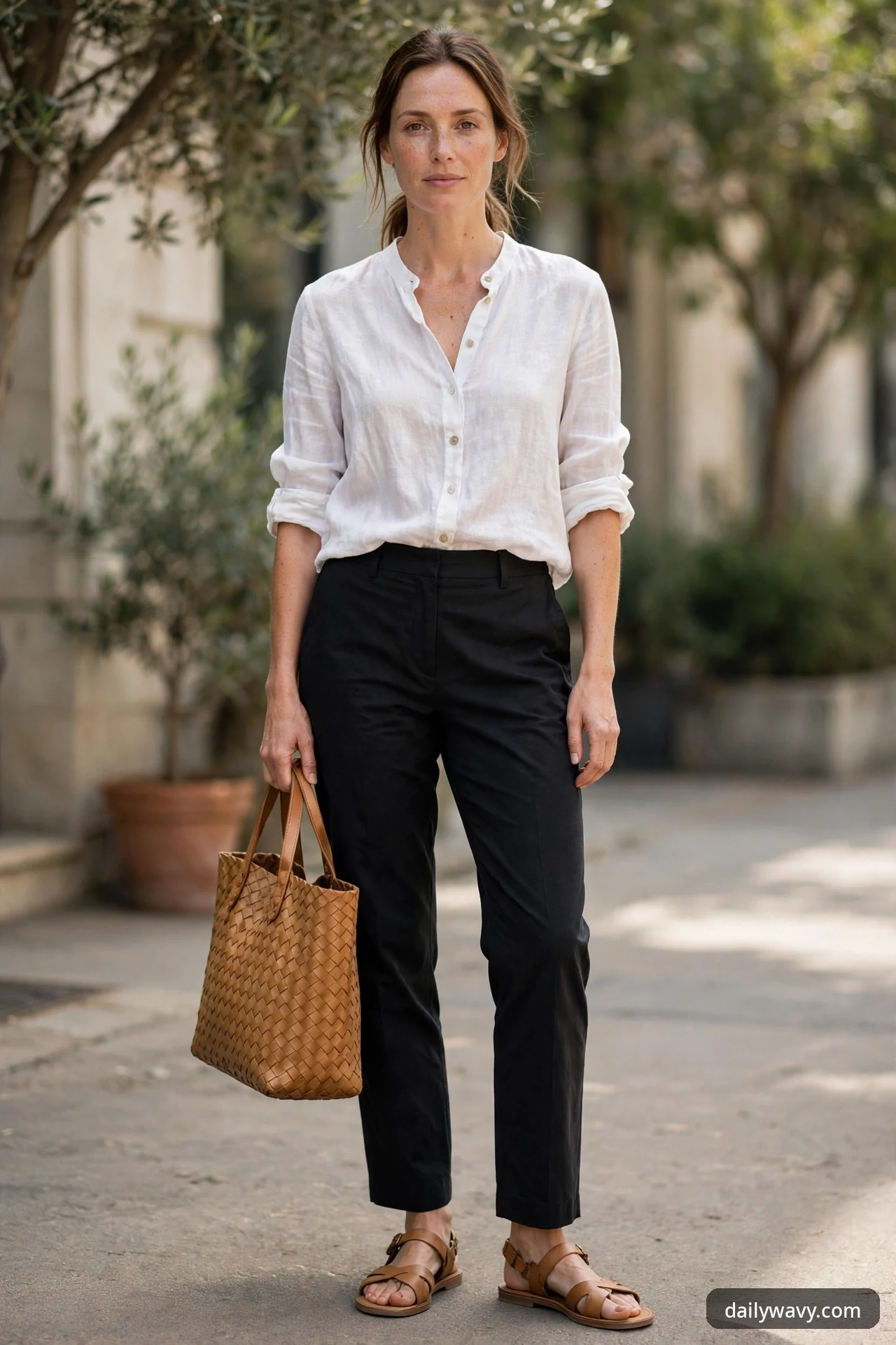 A closer view of a woman in tailored black trousers, a white linen blouse with rolled sleeves and flat tan sandals, holding a woven tan leather tote outdoors.
