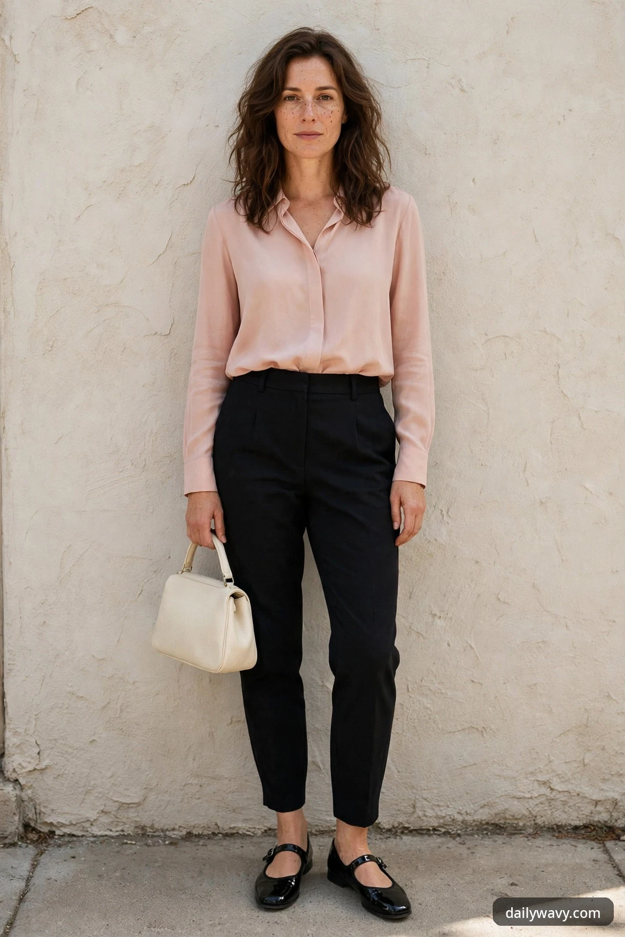A woman in a soft blush blouse tucked into tapered black trousers, holding a small cream top-handle bag and wearing black patent Mary Jane flats with straps.