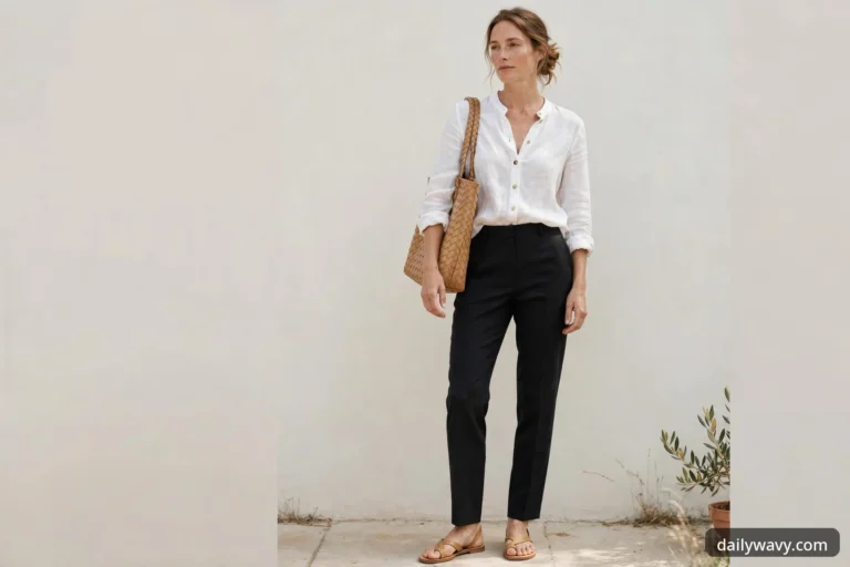 Wide view of a woman in tailored black trousers with a white linen blouse, a woven tan tote bag and flat tan sandals, standing outdoors in natural daylight.