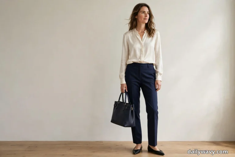 A woman stands full length against a plain cream wall wearing an ivory silk-look blouse tucked into navy straight-leg trousers, holding a navy structured tote, with black pointed ballet flats