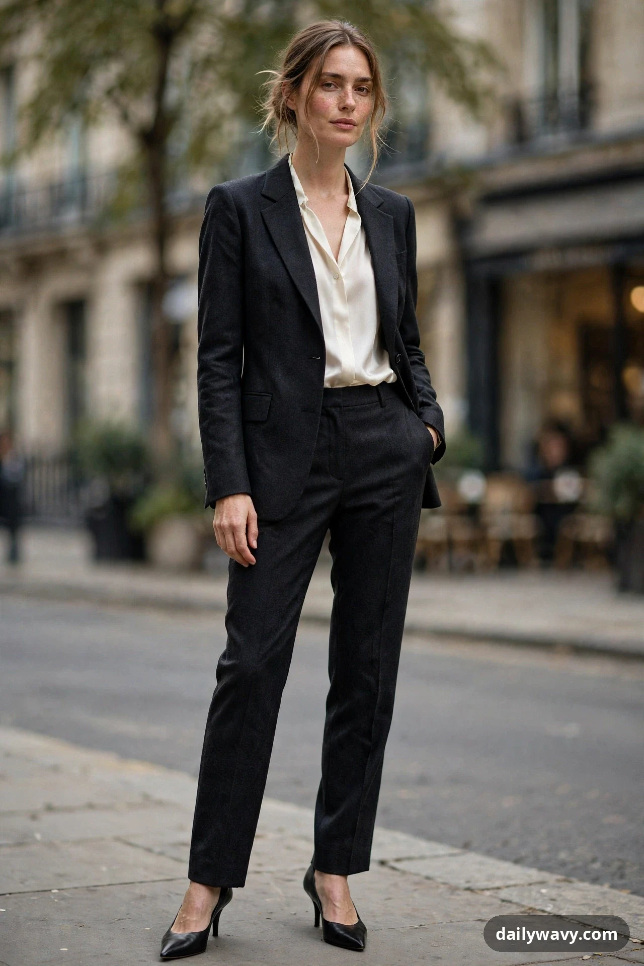 A woman stands on a city sidewalk wearing a charcoal tailored suit over an ivory soft blouse, finished with black pointed heels.