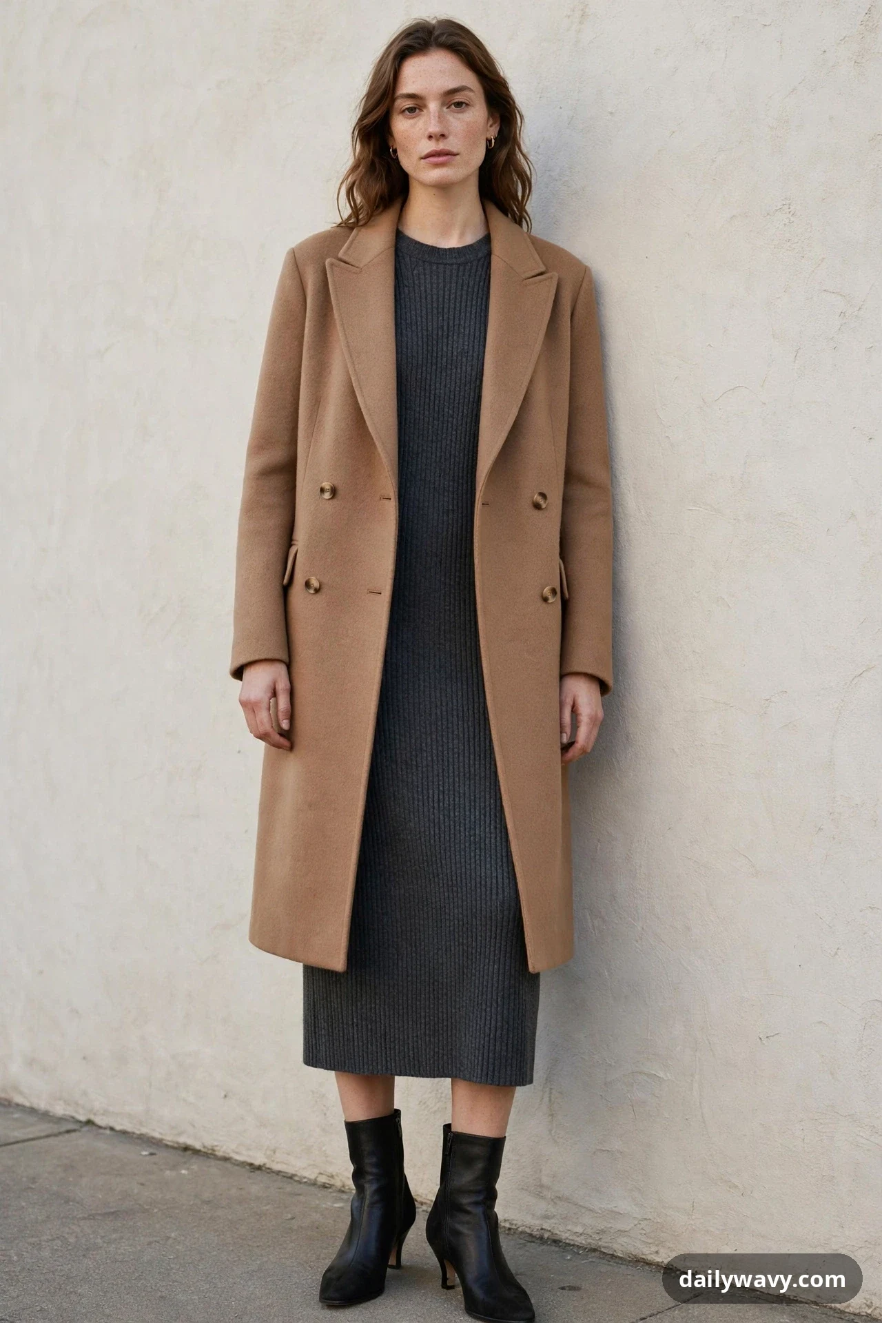 A woman stands against a plain wall wearing a charcoal ribbed knit midi dress under a camel overcoat, finished with black heeled ankle boots.