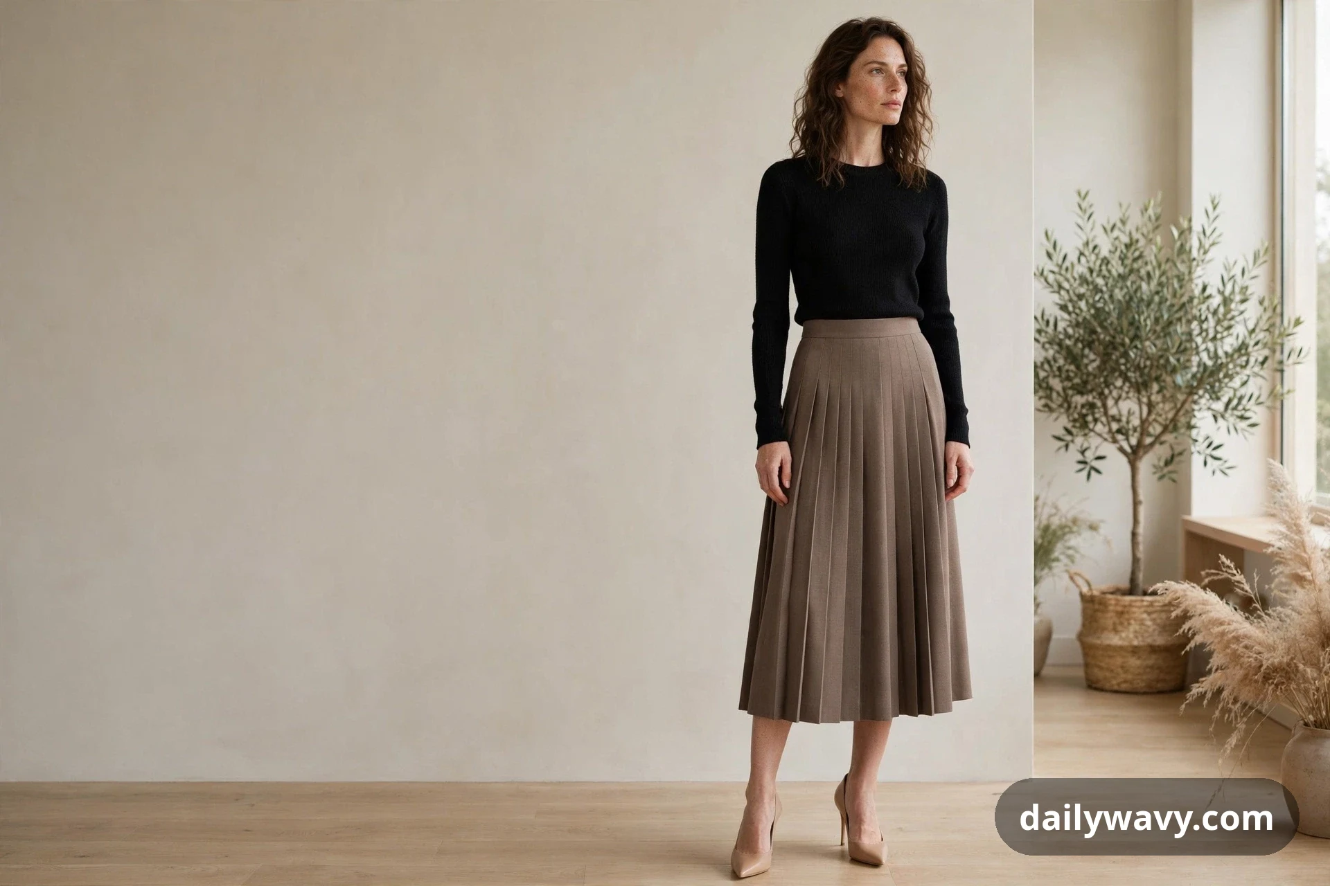 A woman stands in a bright room wearing a black fitted knit sweater, a taupe pleated midi skirt, and nude pointed pumps.