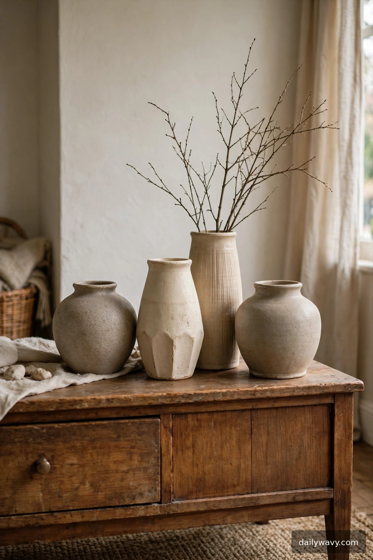 Small tonal grouping of cream and beige thrifted vases on a wooden sideboard