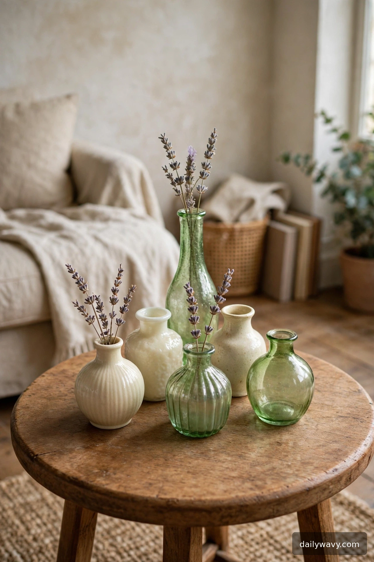 Small tabletop cluster of thrifted bud vases on a side table
